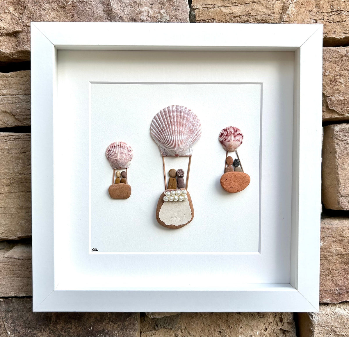 Hot Air Balloon Pebble Art, Shell Accents, Framed Natural Art (9x9)