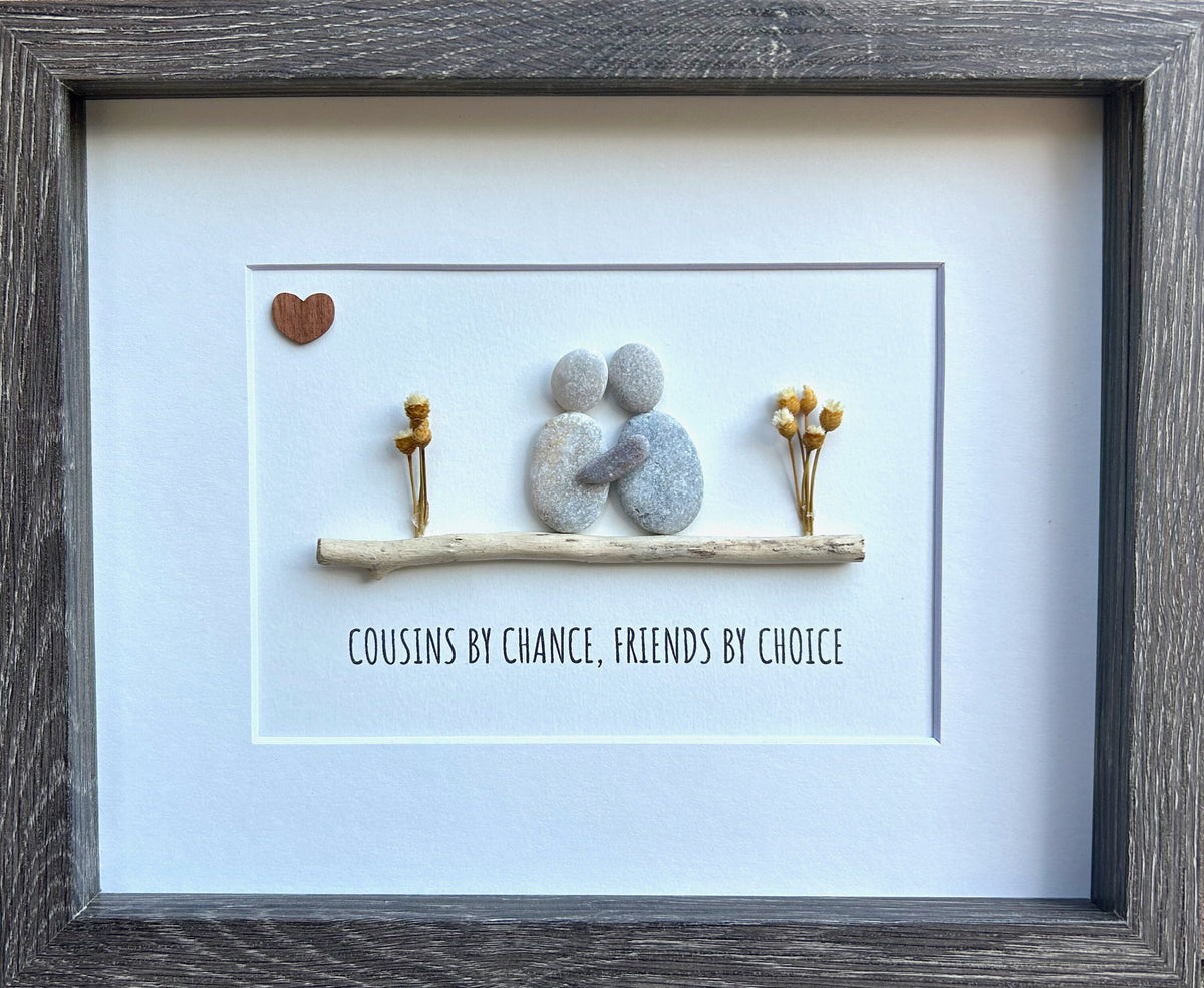 Handmade Gift for Cousin Made From Beach Pebbles and Driftwood, 8x10 Framed Pebble Art, Personalized Gift for Cousin