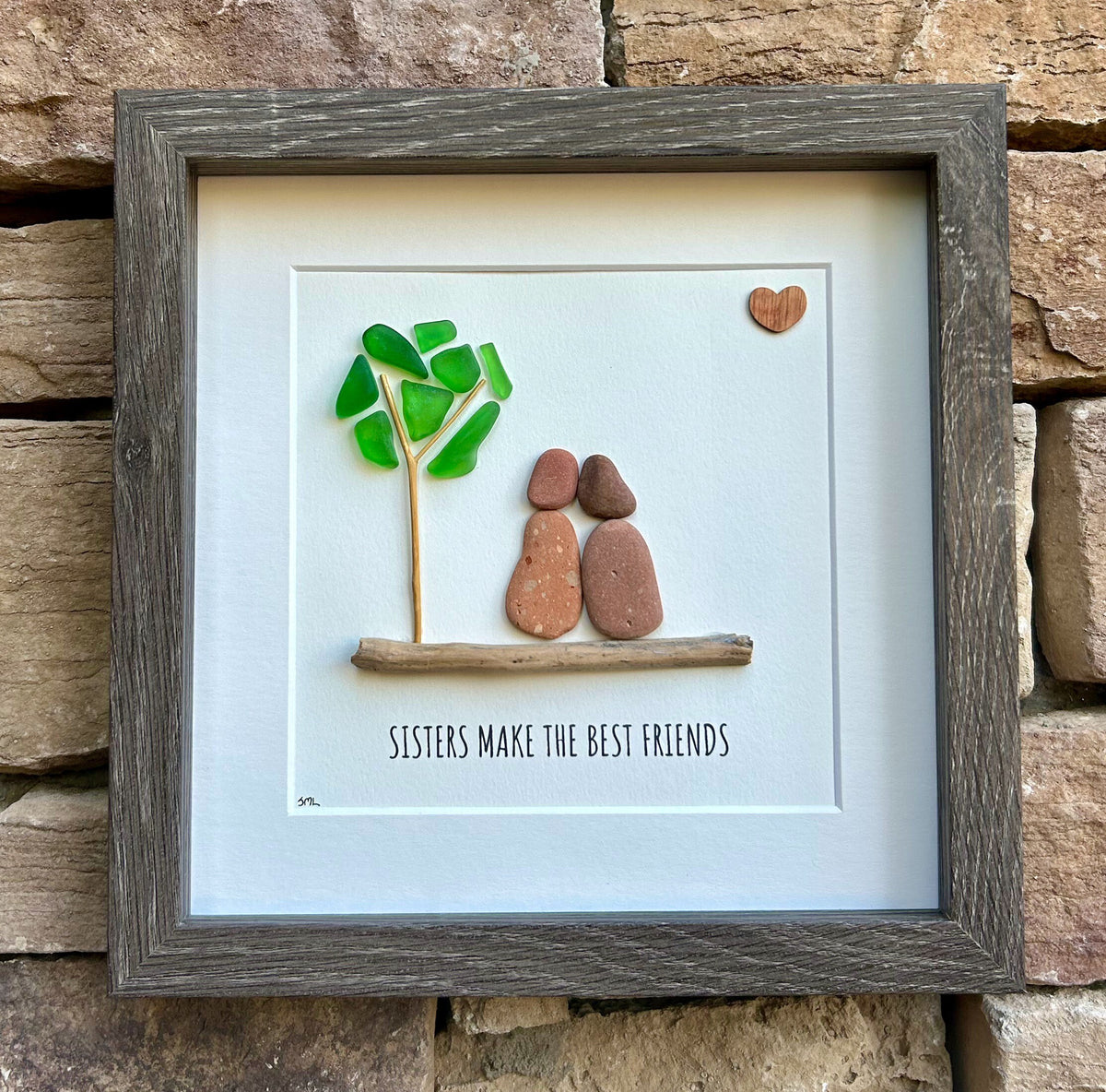 Sisters Make the Best Friends | 9x9 Framed Sea Glass &amp; Pebble Art | Personalized Gift for Sister