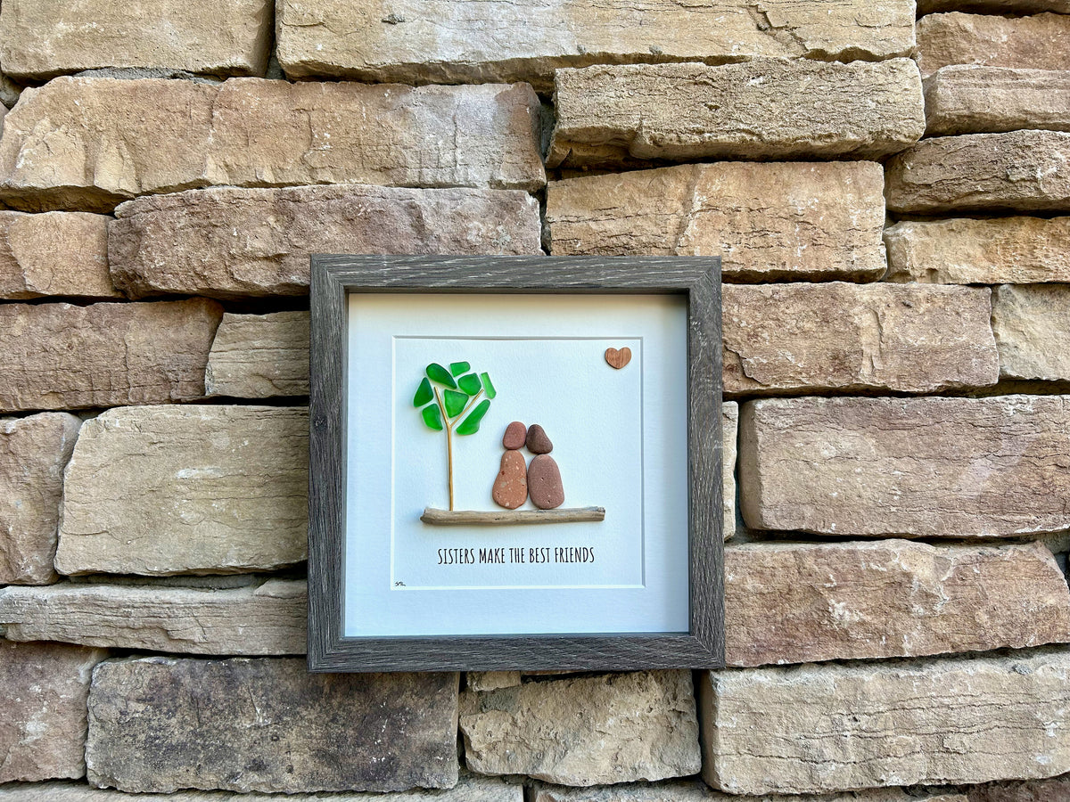 Sisters Make the Best Friends | 9x9 Framed Sea Glass &amp; Pebble Art | Personalized Gift for Sister