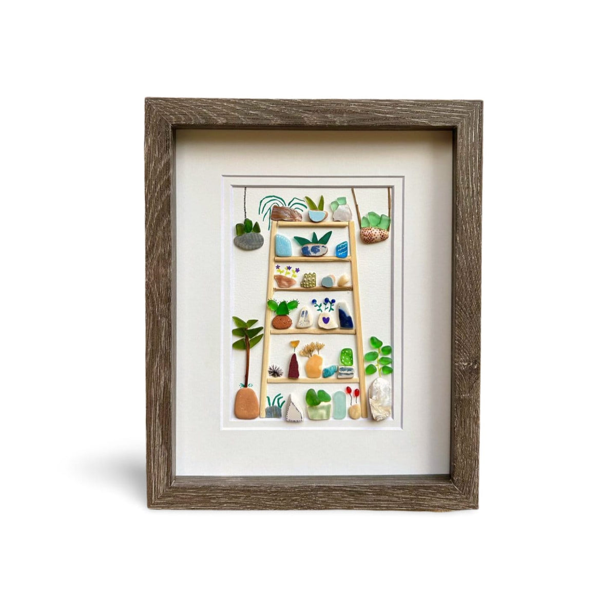 Plants and Flower Collage. 8x10 Framed Beach Collage. Original Handmade Art Made from Sea Glass, Shells + Pebbles. Colorful Wall Decor