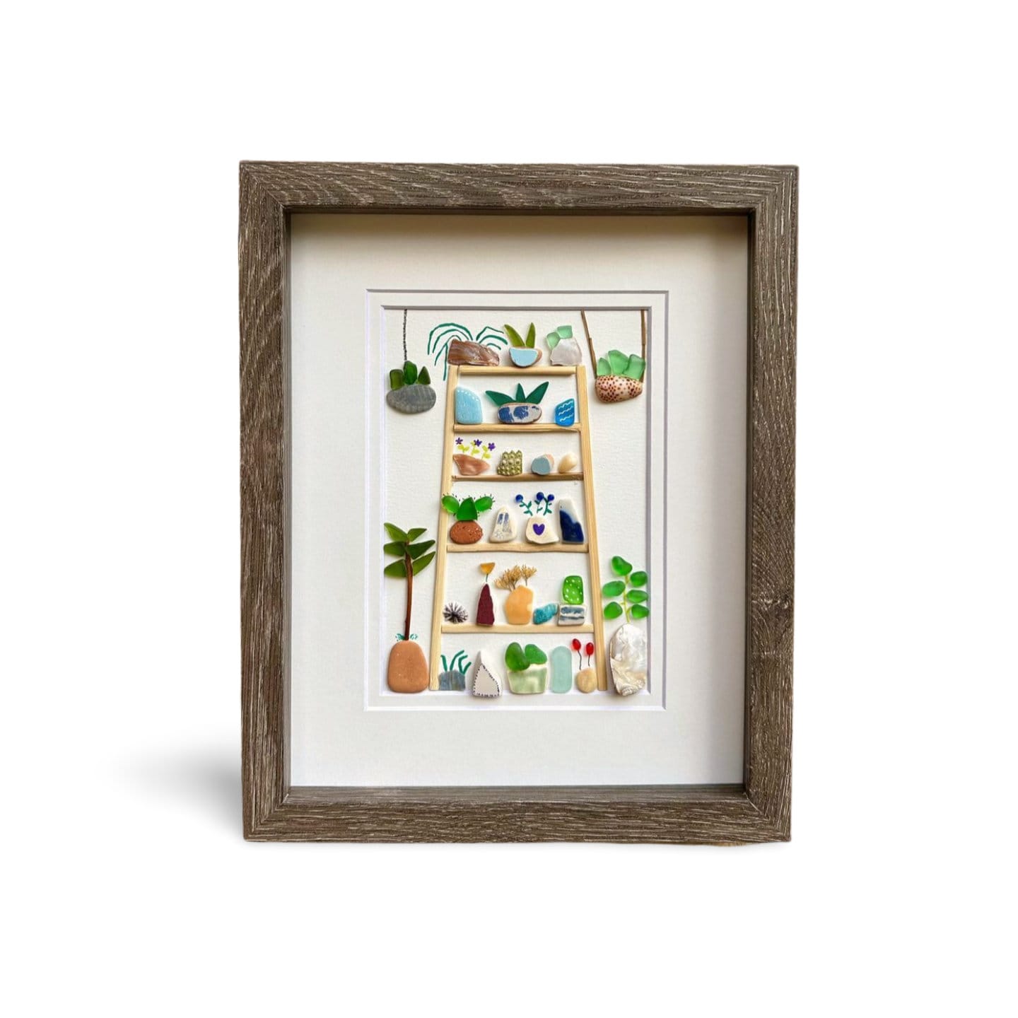 Plants and Flower Collage. 8x10 Framed Beach Collage. Original Handmade Art Made from Sea Glass, Shells + Pebbles. Colorful Wall Decor