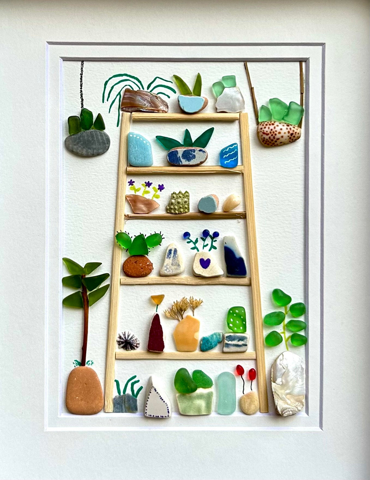 Plants and Flower Collage. 8x10 Framed Beach Collage. Original Handmade Art Made from Sea Glass, Shells + Pebbles. Colorful Wall Decor