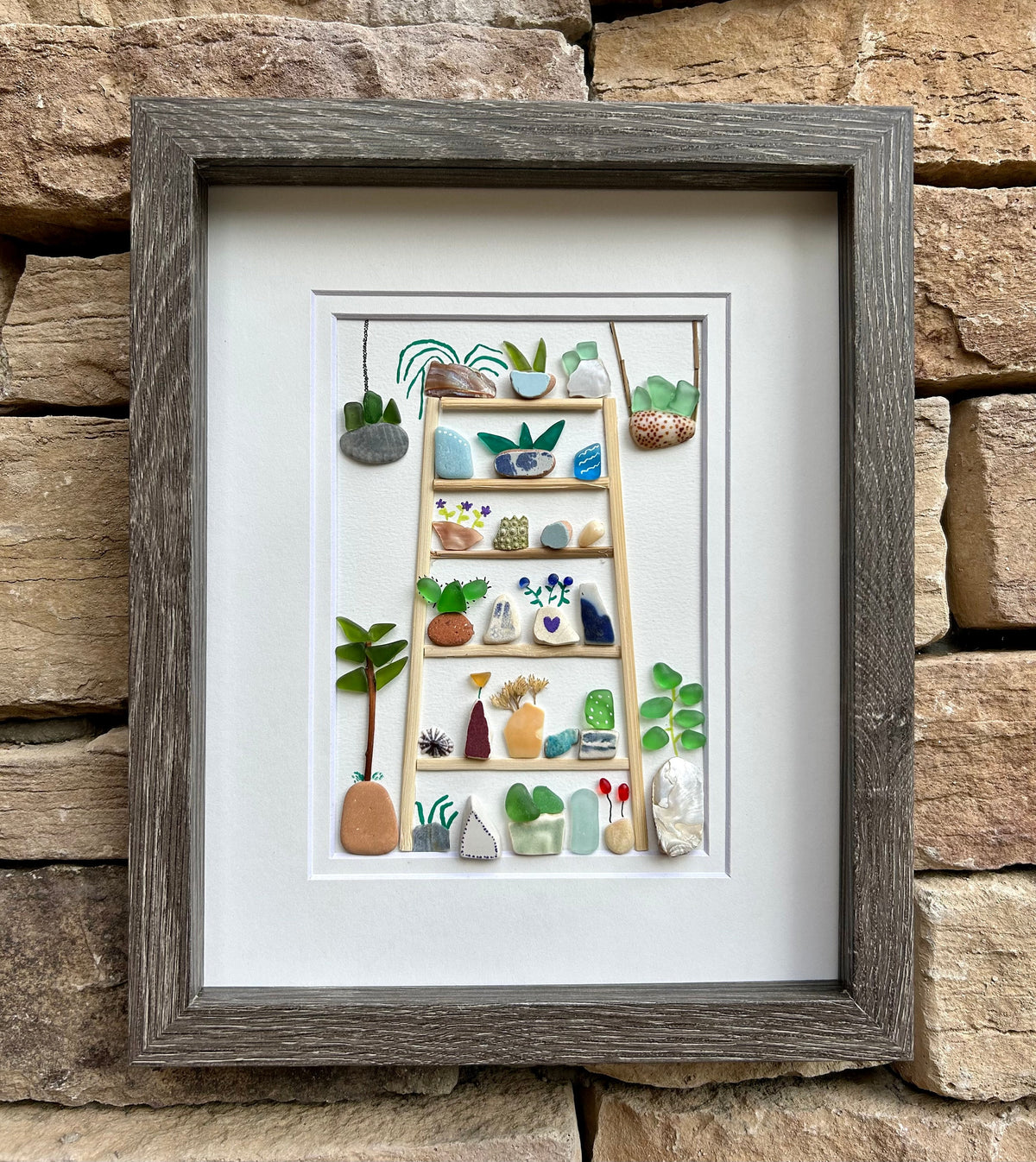 Plants and Flower Collage. 8x10 Framed Beach Collage. Original Handmade Art Made from Sea Glass, Shells + Pebbles. Colorful Wall Decor
