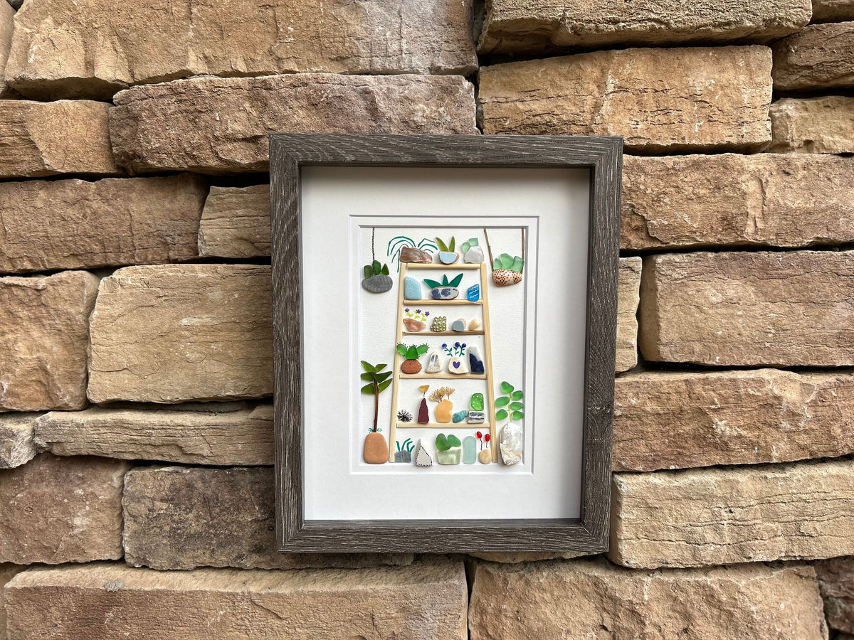 Plants and Flower Collage. 8x10 Framed Beach Collage. Original Handmade Art Made from Sea Glass, Shells + Pebbles. Colorful Wall Decor