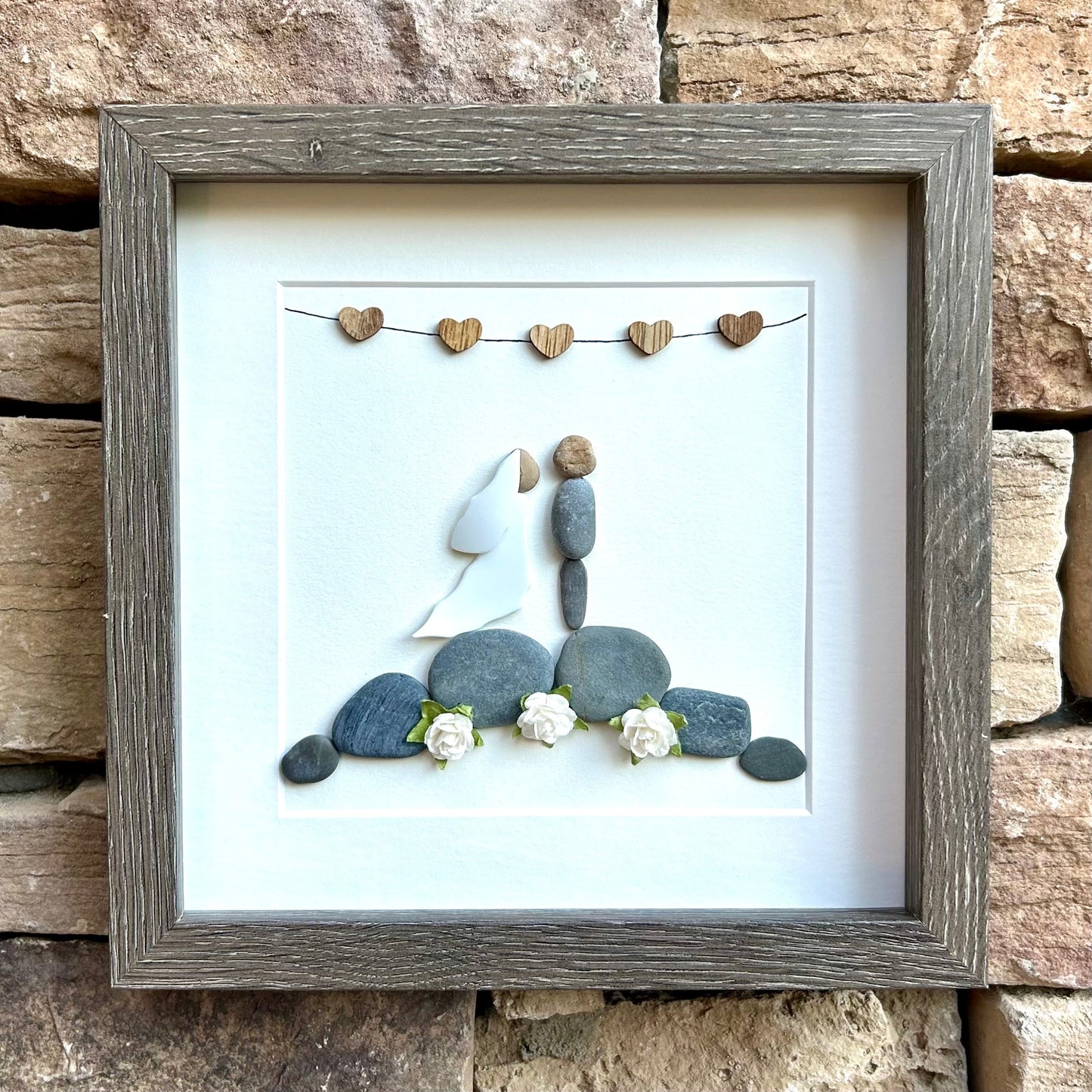 Personalized Wedding Gift, 9x9 Framed Pebble Art, Perfect Wedding Gift, Engagement Gift, Bridal Shower Gift, Natural Materials