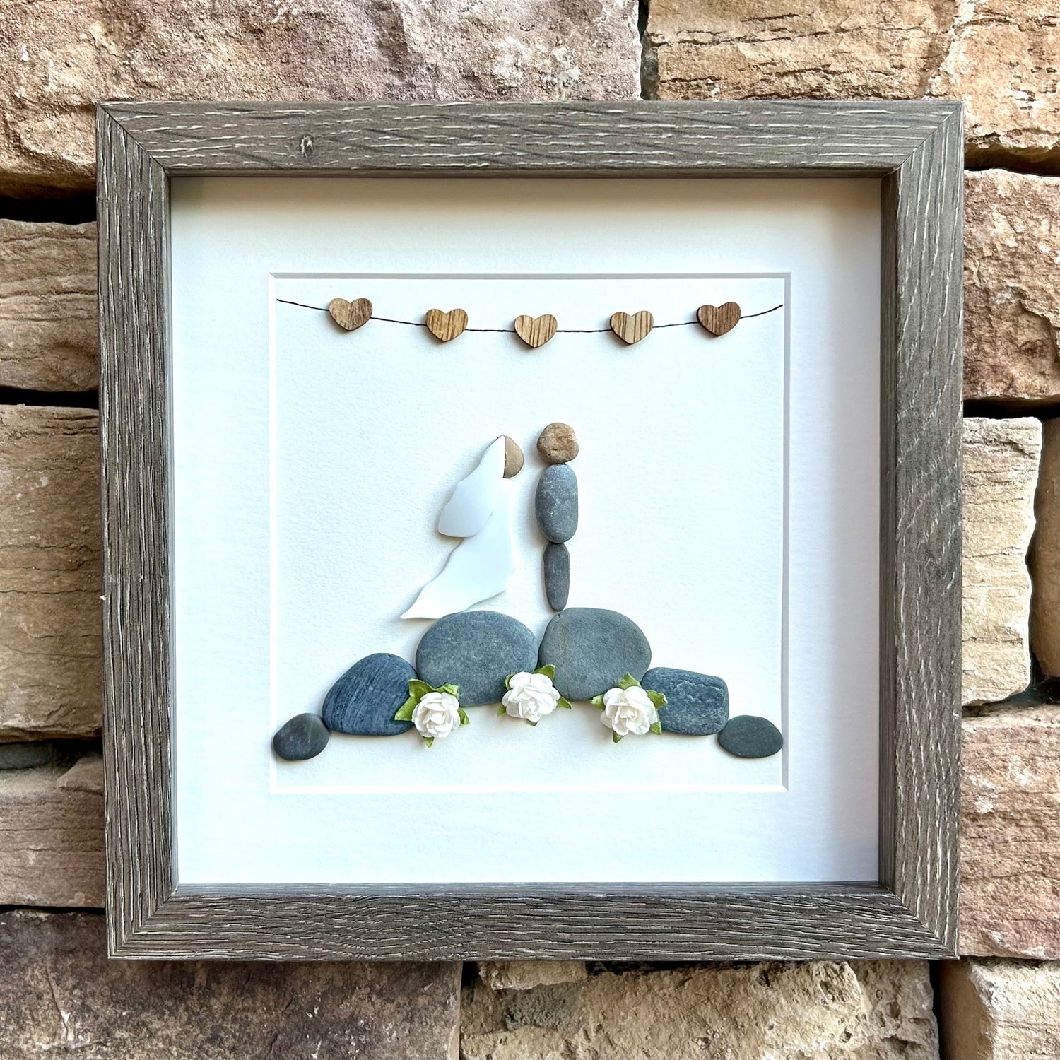 Personalized Wedding Gift, 9x9 Framed Pebble Art, Perfect Wedding Gift, Engagement Gift, Bridal Shower Gift, Natural Materials