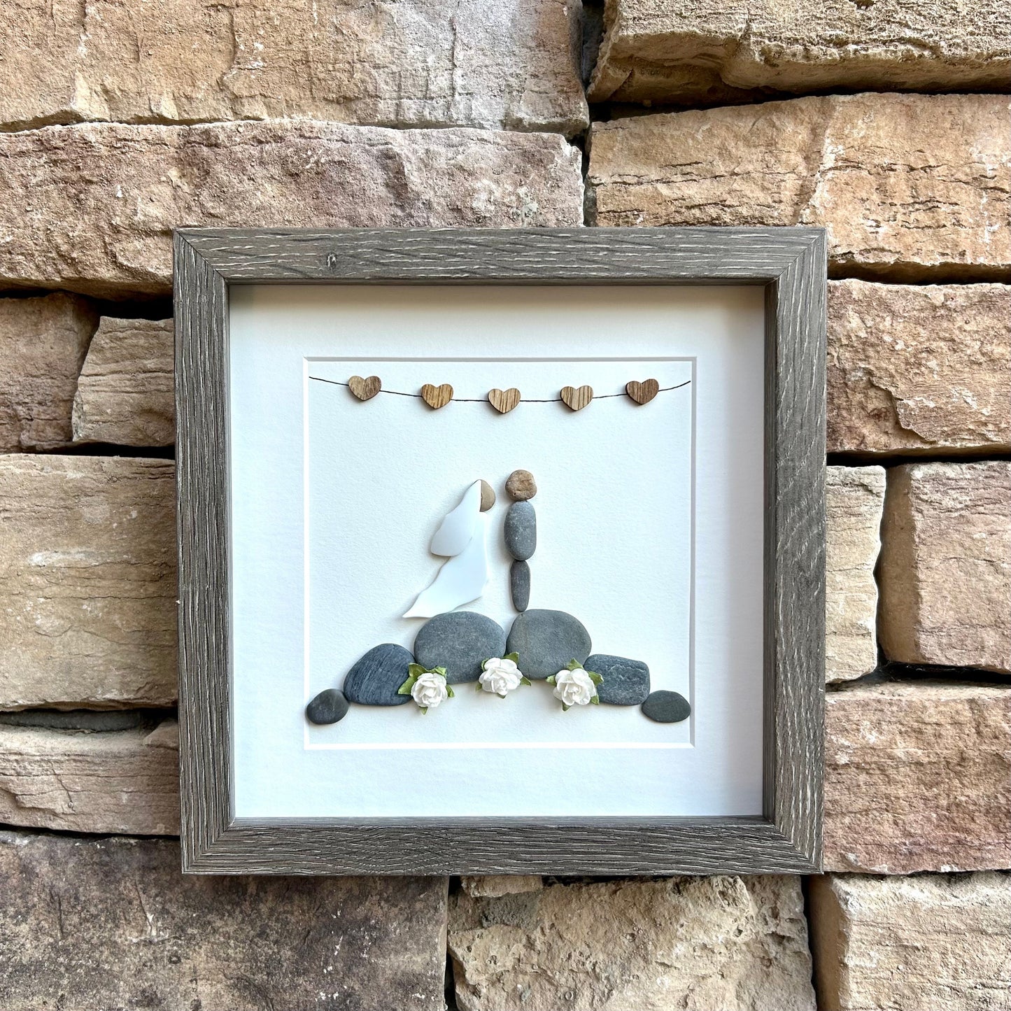 Personalized Wedding Gift, 9x9 Framed Pebble Art, Perfect Wedding Gift, Engagement Gift, Bridal Shower Gift, Natural Materials