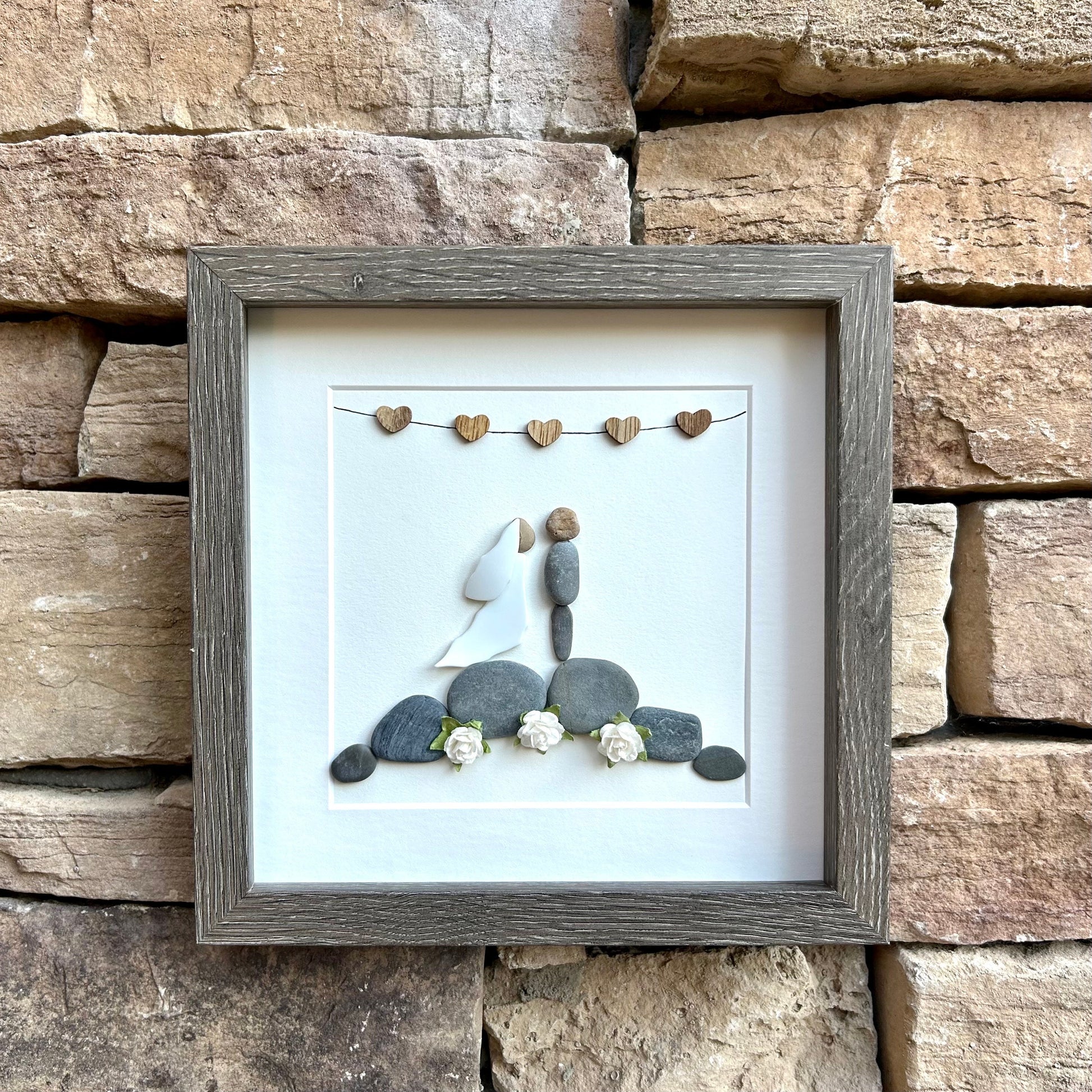 Personalized Wedding Gift, 9x9 Framed Pebble Art, Perfect Wedding Gift, Engagement Gift, Bridal Shower Gift, Natural Materials