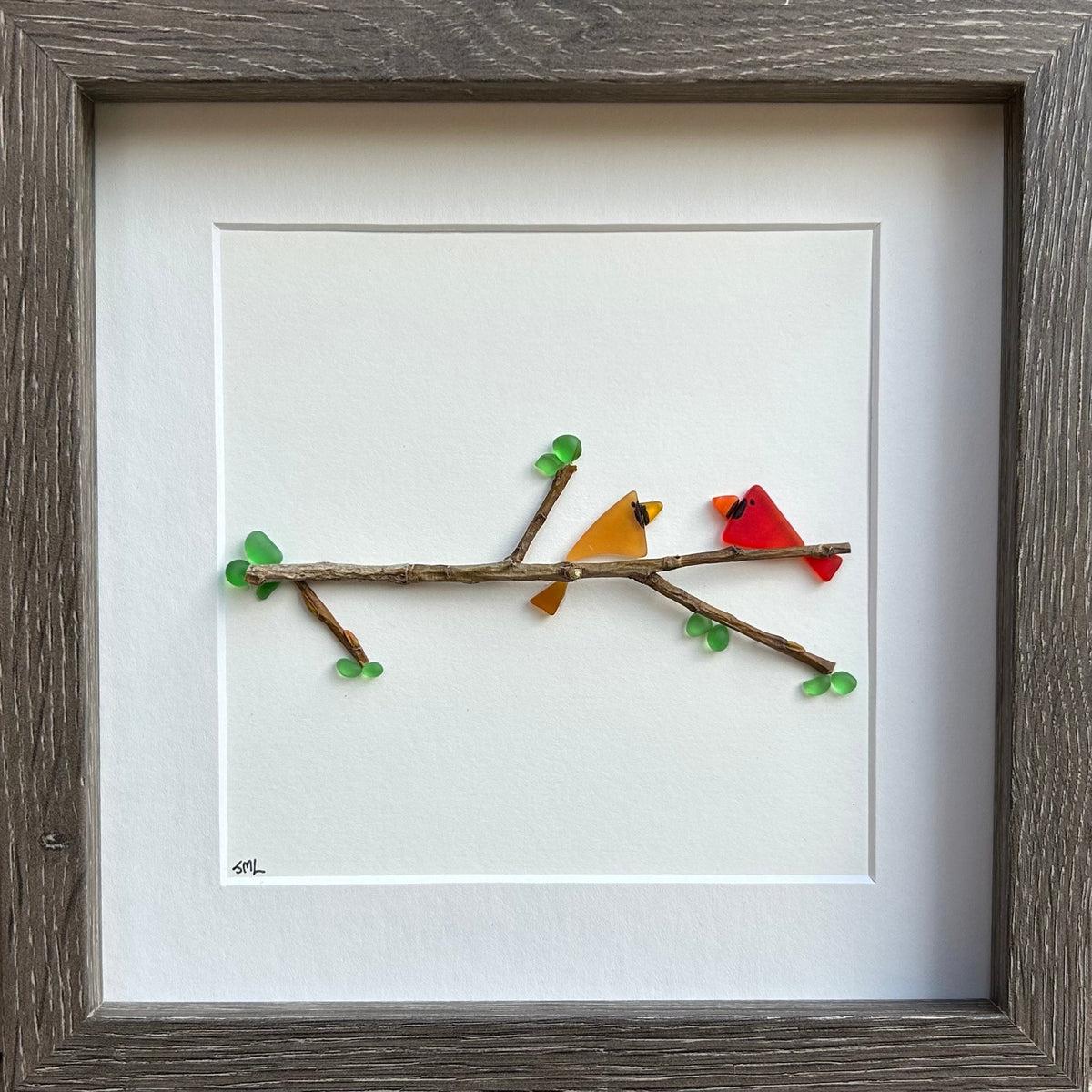 Sea Glass Cardinals Framed Handmade Artwork, 9x9 Original Wall Decor, Pair of Cardinals in Tree, Perfect Gift