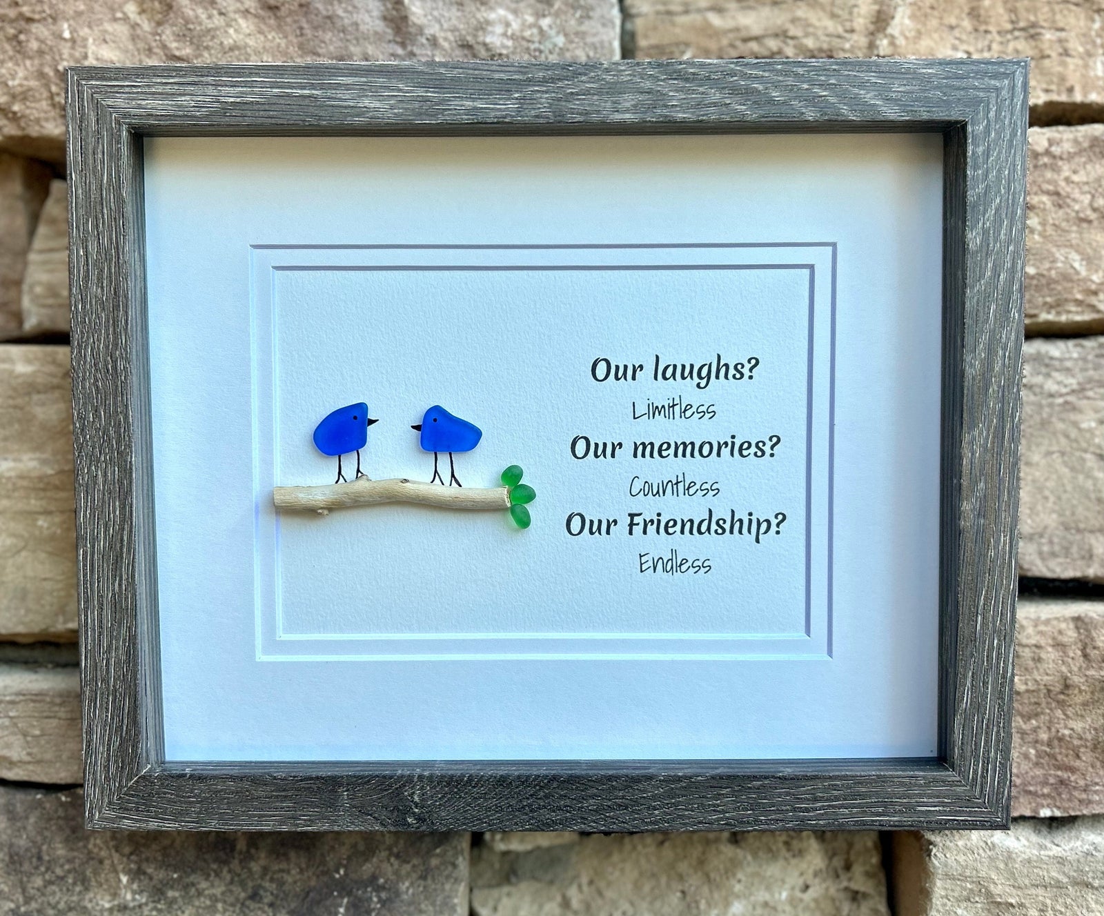 Laughs, Memories and Friendship 8x10 Framed Sea Glass Art Showing Two Birds on a Branch, Minimalist Beach Decor