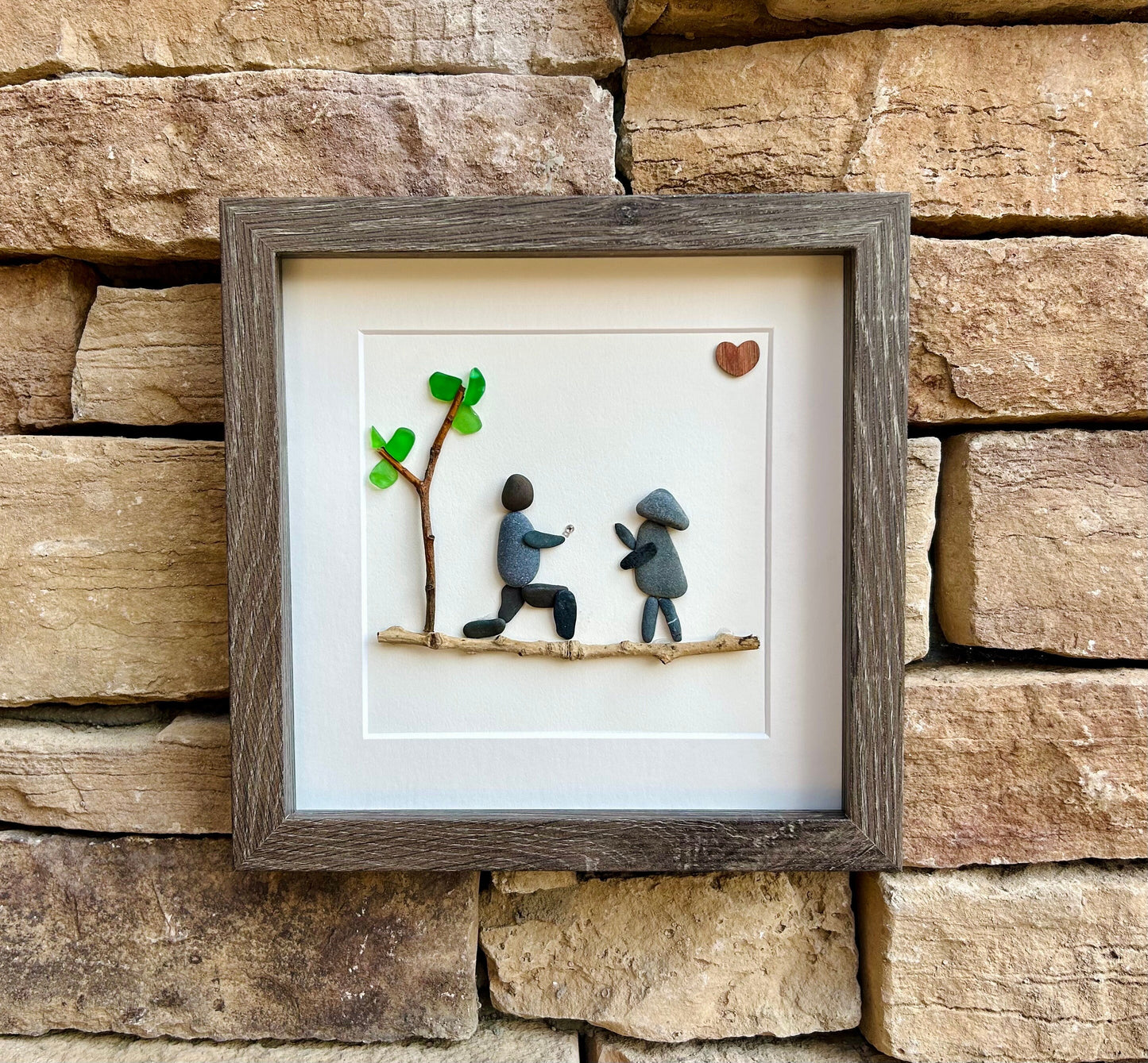 Personalized Pebble Art Engagement Gift, Framed Couple Artwork (9x9)
