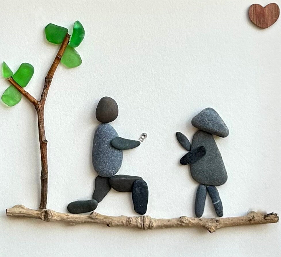 Personalized Pebble Art Engagement Gift, Framed Couple Artwork (9x9)