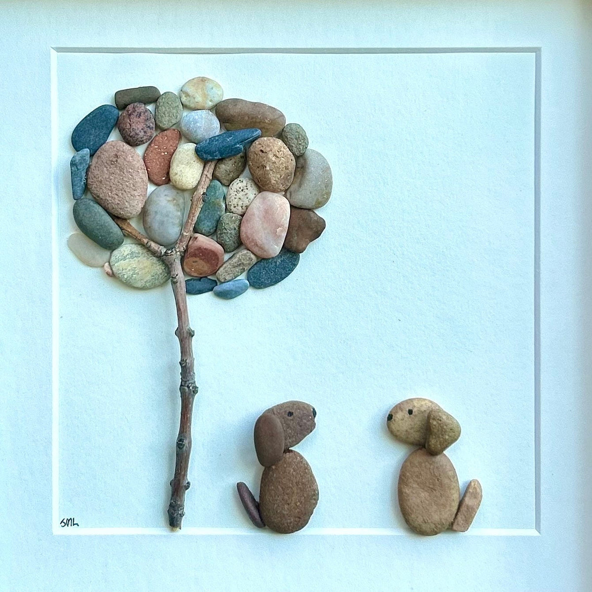 Two Dogs Sitting Under Tree, 9x9 Original Framed Pebble Art, Perfect Gift for Dog Owners