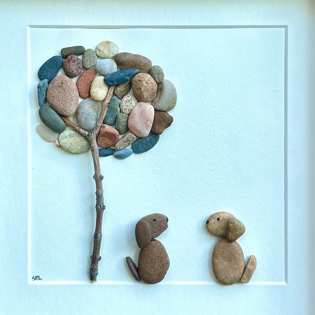 Framed Pebble Art, Two Dogs Under Tree, Gift for Dog Owners (9x9)