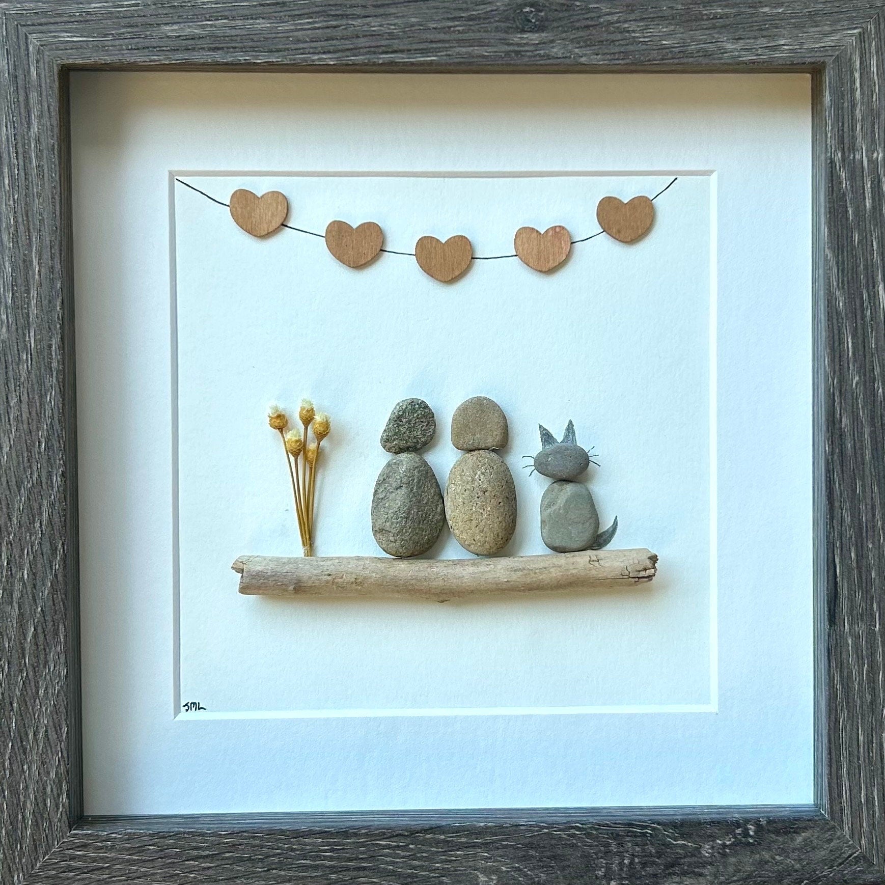 Pebble Art Family Portrait with Cat, Personalized Framed Artwork