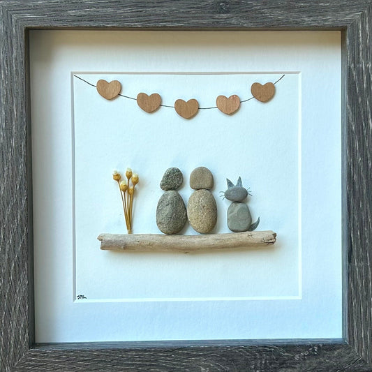 Pebble Art Family Portrait with Cat, Personalized Framed Artwork