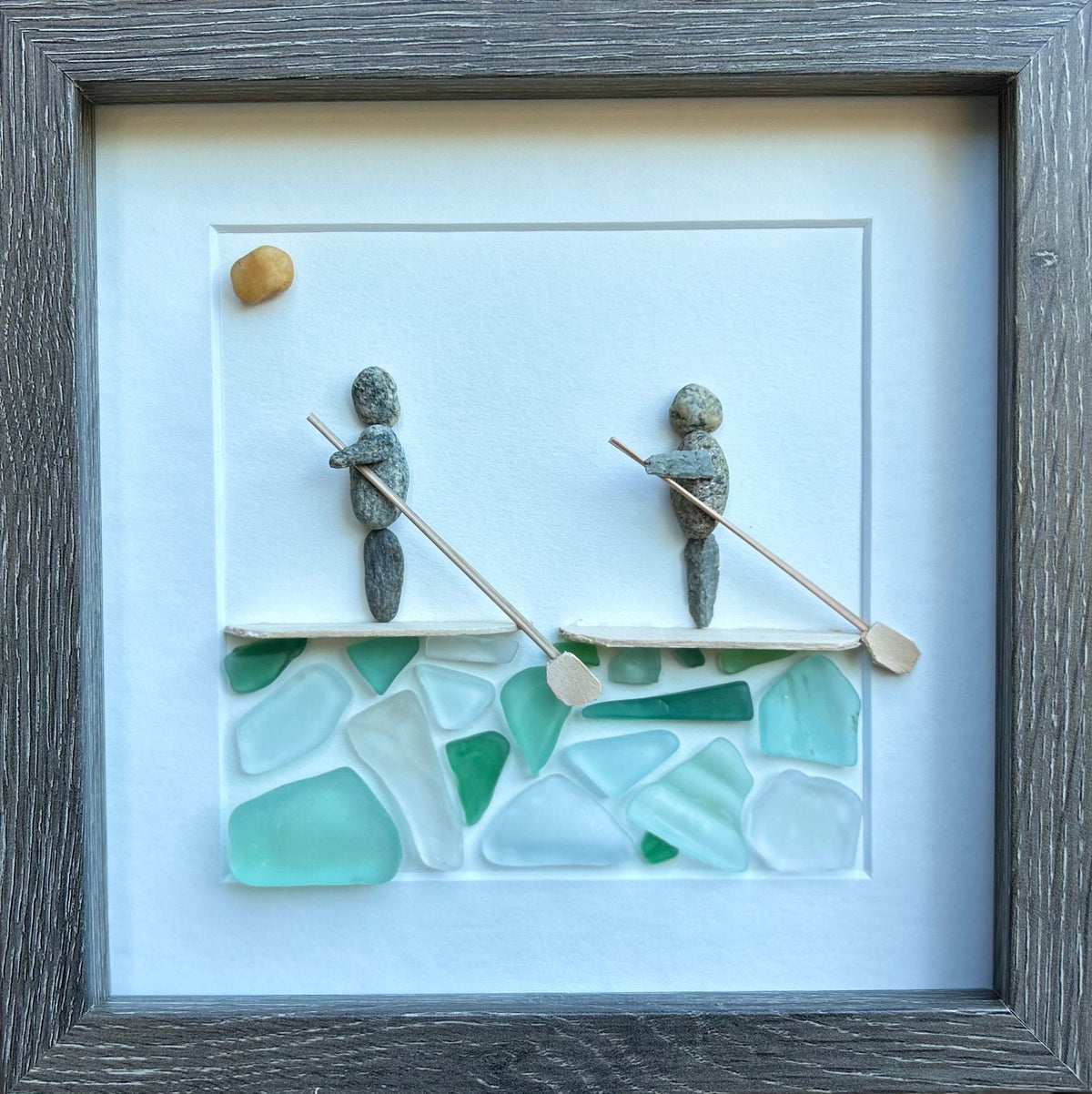 Paddle Boarders Framed 9x9 Sea Glass &amp; Pebble Artwork, Handmade Gift for Couple or Friends