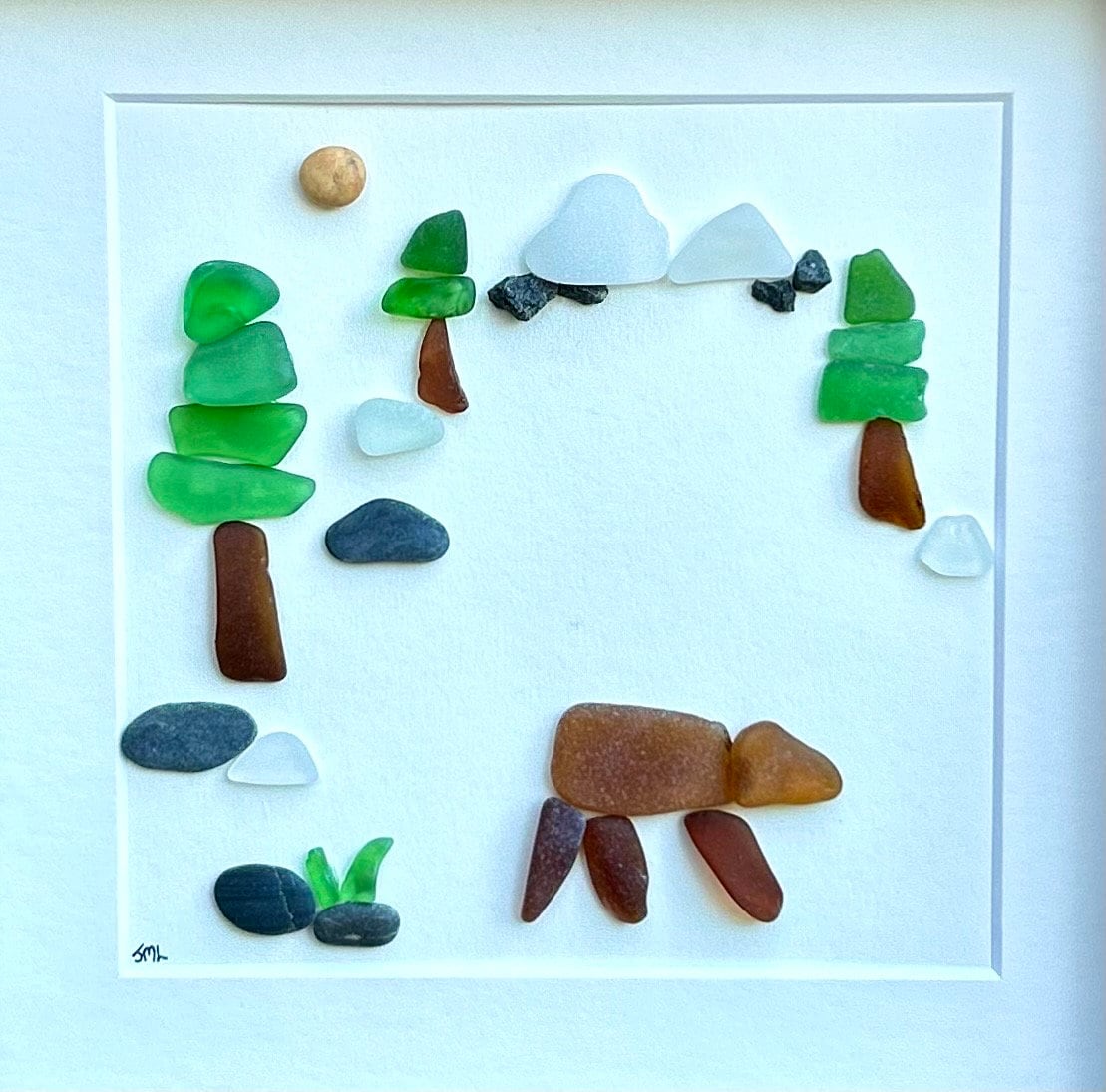 Brown Bear in the Forest Sea Glass Art, 8x8 Framed Original Seaglass Artwork, Handmade Gift for Anyone That Loves Nature, Trees and Mountain