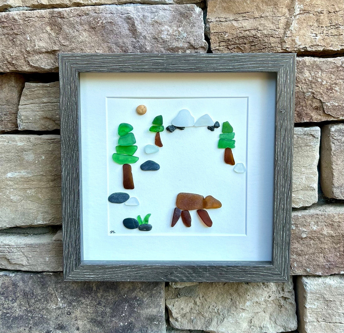 Brown Bear in the Forest Sea Glass Art, 8x8 Framed Original Seaglass Artwork, Handmade Gift for Anyone That Loves Nature, Trees and Mountain