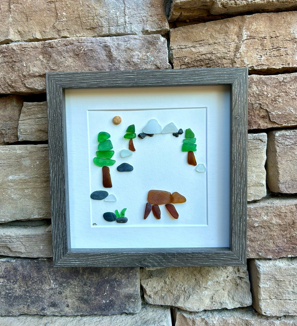 Brown Bear in the Forest Sea Glass Art, 8x8 Framed Original Seaglass Artwork, Handmade Gift for Anyone That Loves Nature, Trees and Mountain