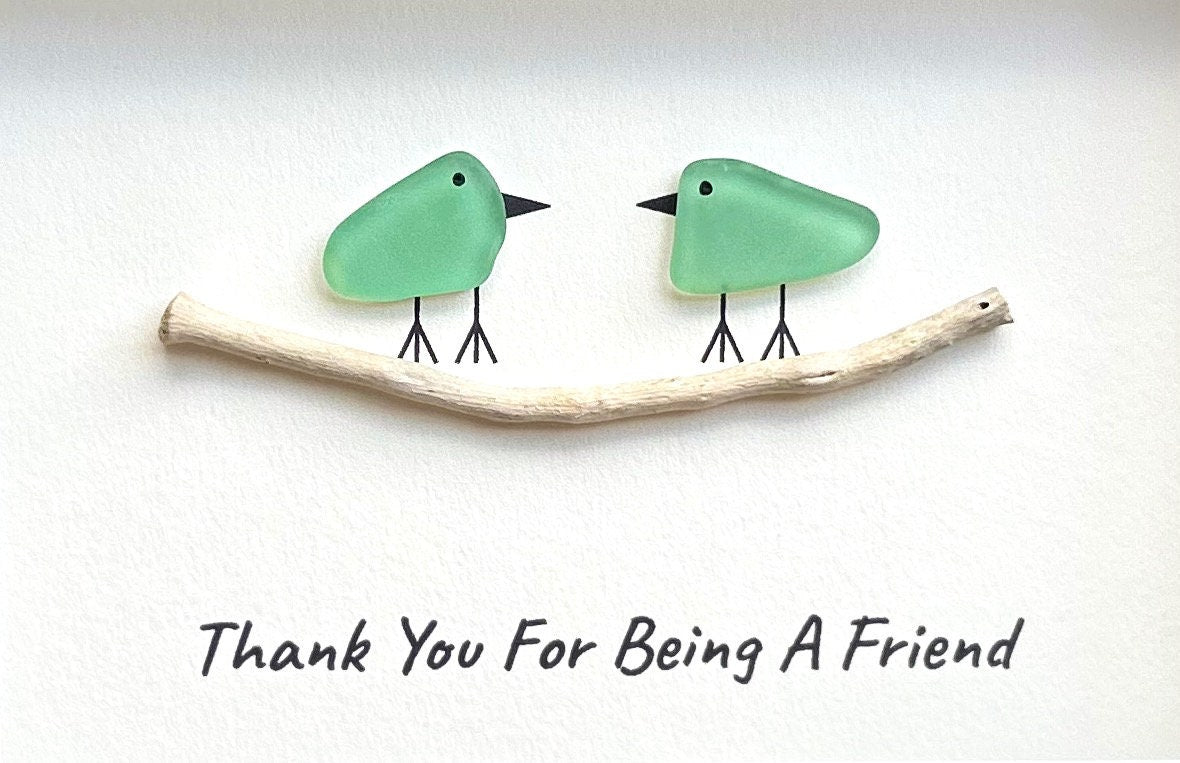 Thank You For Being a Friend Handmade Friendship Gift, 6x8 Framed Sea Glass Art Showing Two Seaglass Birds on Branch, Unique Gift for Friend
