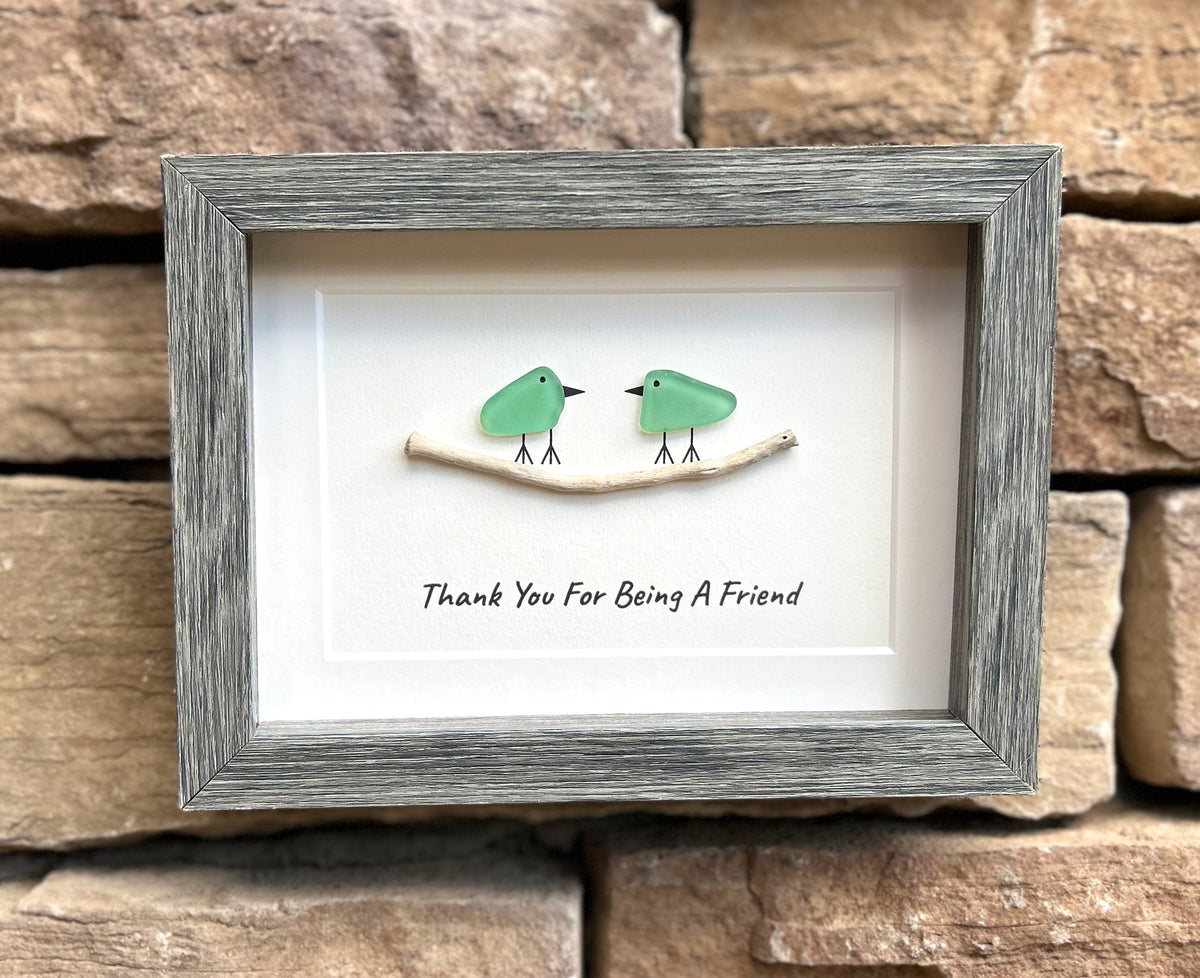 Thank You For Being a Friend Handmade Friendship Gift, 6x8 Framed Sea Glass Art Showing Two Seaglass Birds on Branch, Unique Gift for Friend
