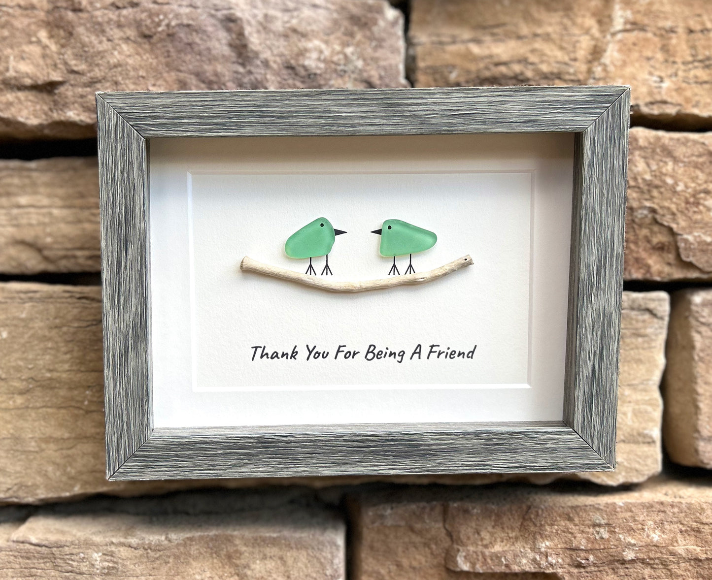 Seaglass Birds on Branch, Handmade Friendship Gift, Framed Sea Glass Art