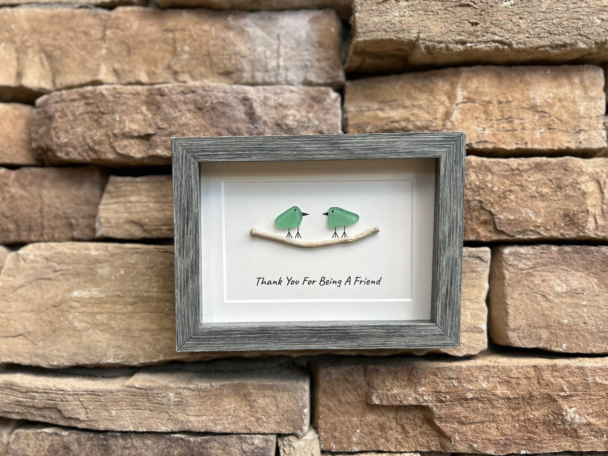 Thank You For Being a Friend Handmade Friendship Gift, 6x8 Framed Sea Glass Art Showing Two Seaglass Birds on Branch, Unique Gift for Friend