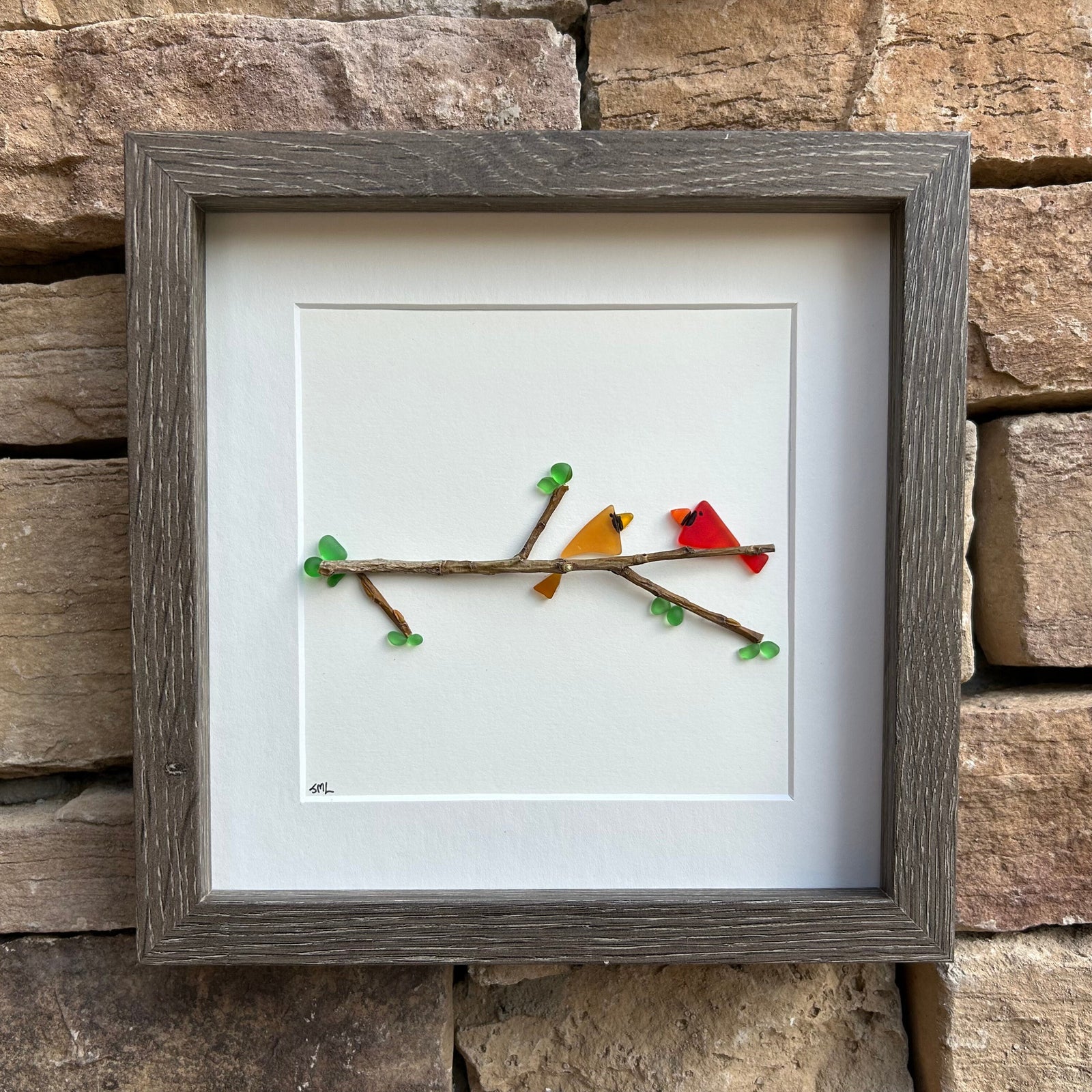 Sea Glass Cardinals Framed Handmade Artwork, 9x9 Original Wall Decor, Pair of Cardinals in Tree, Perfect Gift