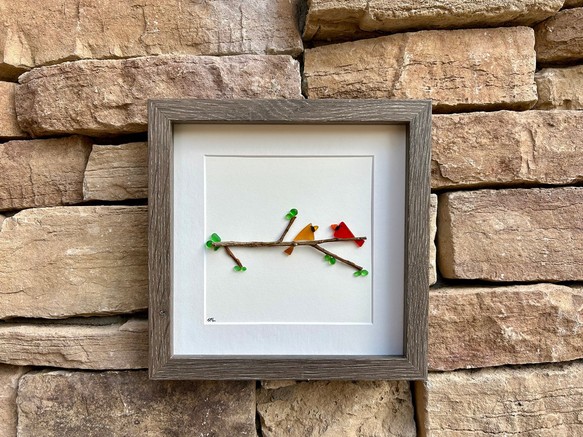 Sea Glass Cardinals Framed Handmade Artwork, 9x9 Original Wall Decor, Pair of Cardinals in Tree, Perfect Gift