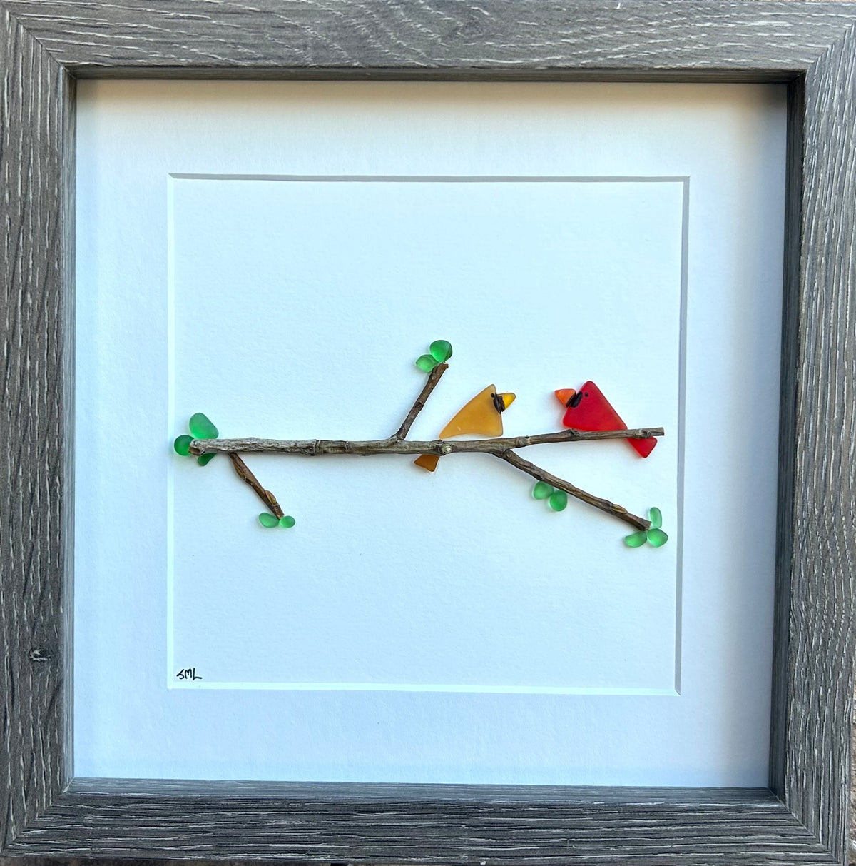 Sea Glass Cardinals Framed Handmade Artwork, 9x9 Original Wall Decor, Pair of Cardinals in Tree, Perfect Gift