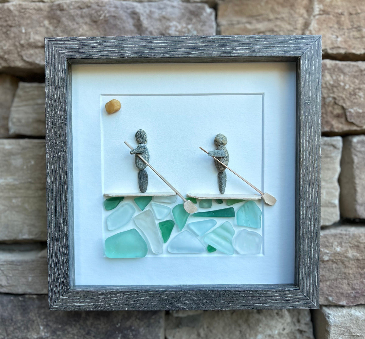 Paddle Boarders Framed 9x9 Sea Glass &amp; Pebble Artwork, Handmade Gift for Couple or Friends