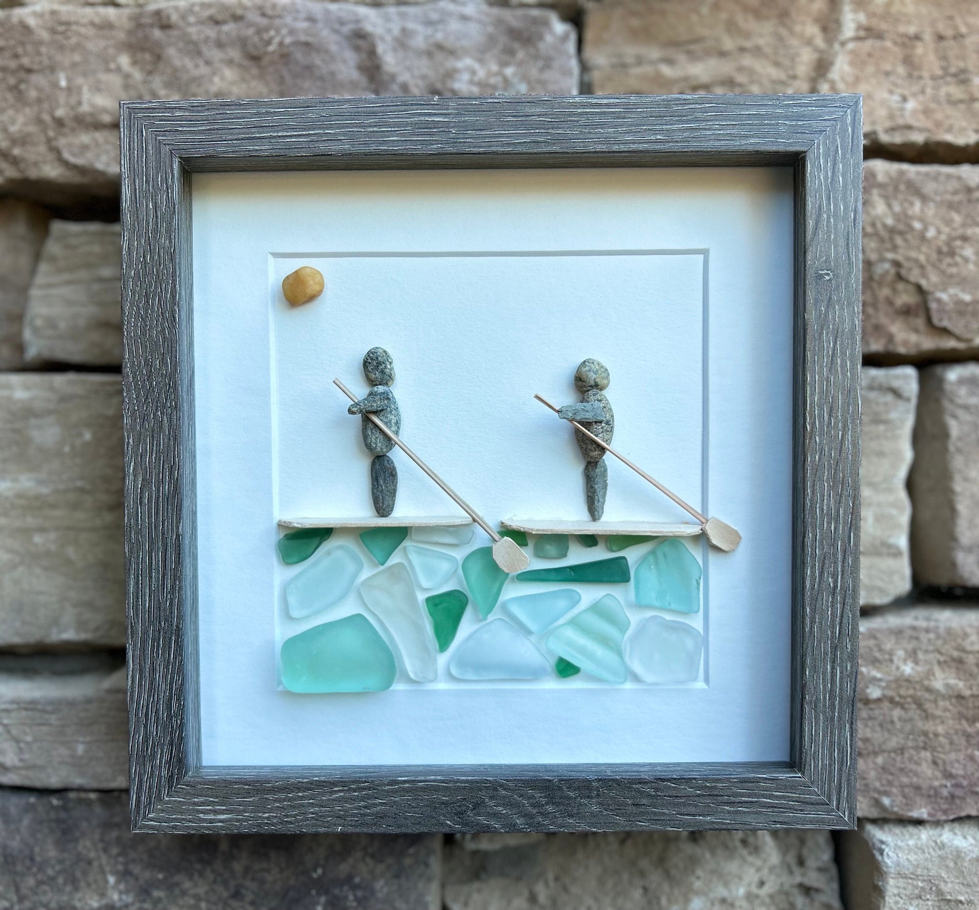 Paddle Boarders Framed 9x9 Sea Glass & Pebble Artwork, Handmade Gift for Couple or Friends