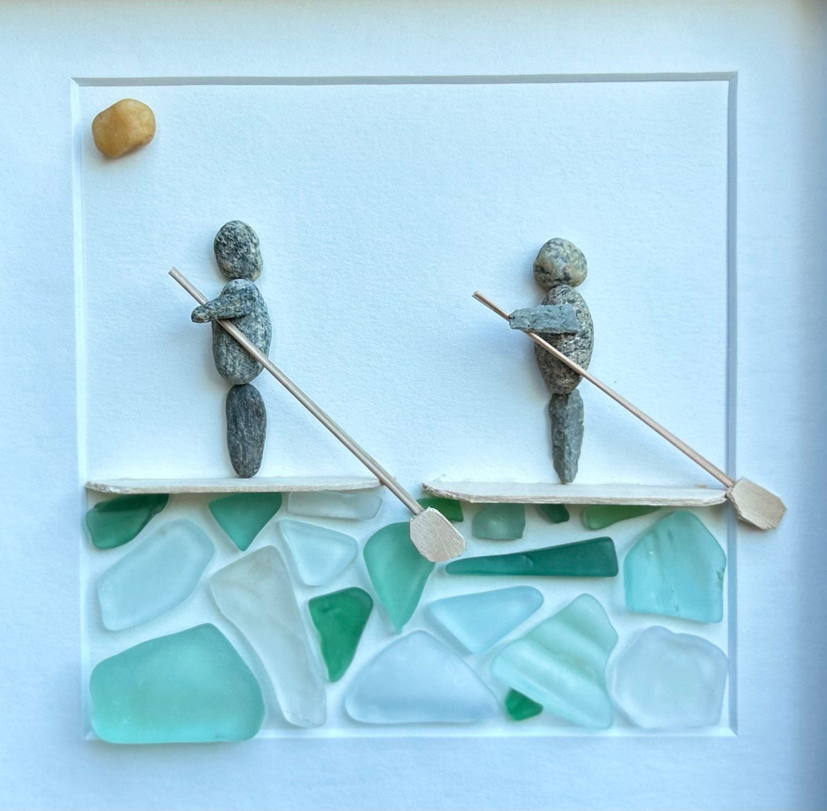 Paddle Boarders Framed 9x9 Sea Glass &amp; Pebble Artwork, Handmade Gift for Couple or Friends