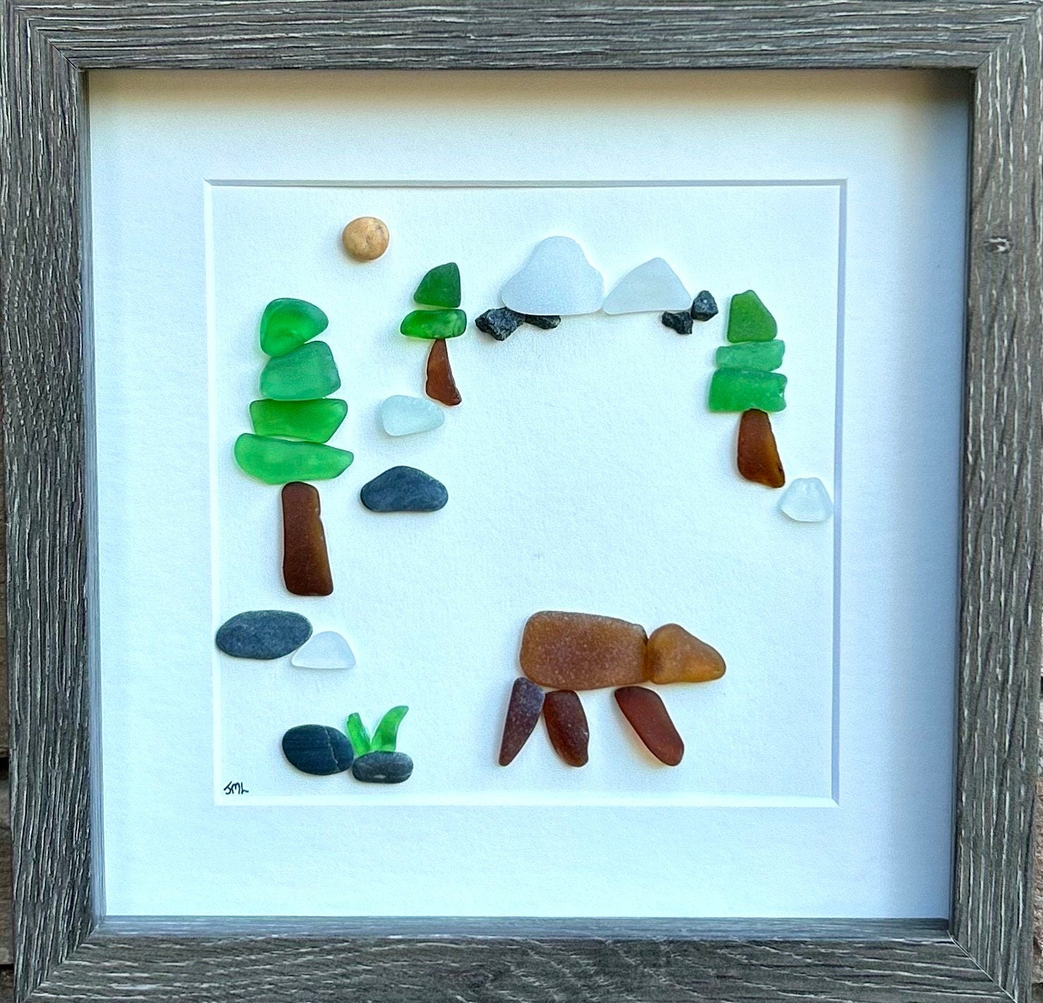 Brown Bear in the Forest Sea Glass Art, 8x8 Framed Original Seaglass Artwork, Handmade Gift for Anyone That Loves Nature, Trees and Mountain
