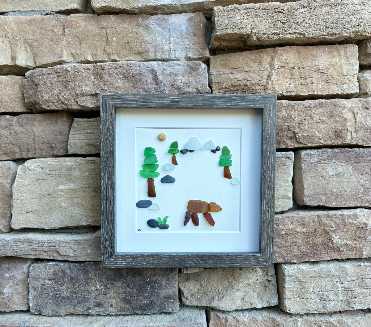 Brown Bear in the Forest Sea Glass Art, 8x8 Framed Original Seaglass Artwork, Handmade Gift for Anyone That Loves Nature, Trees and Mountain