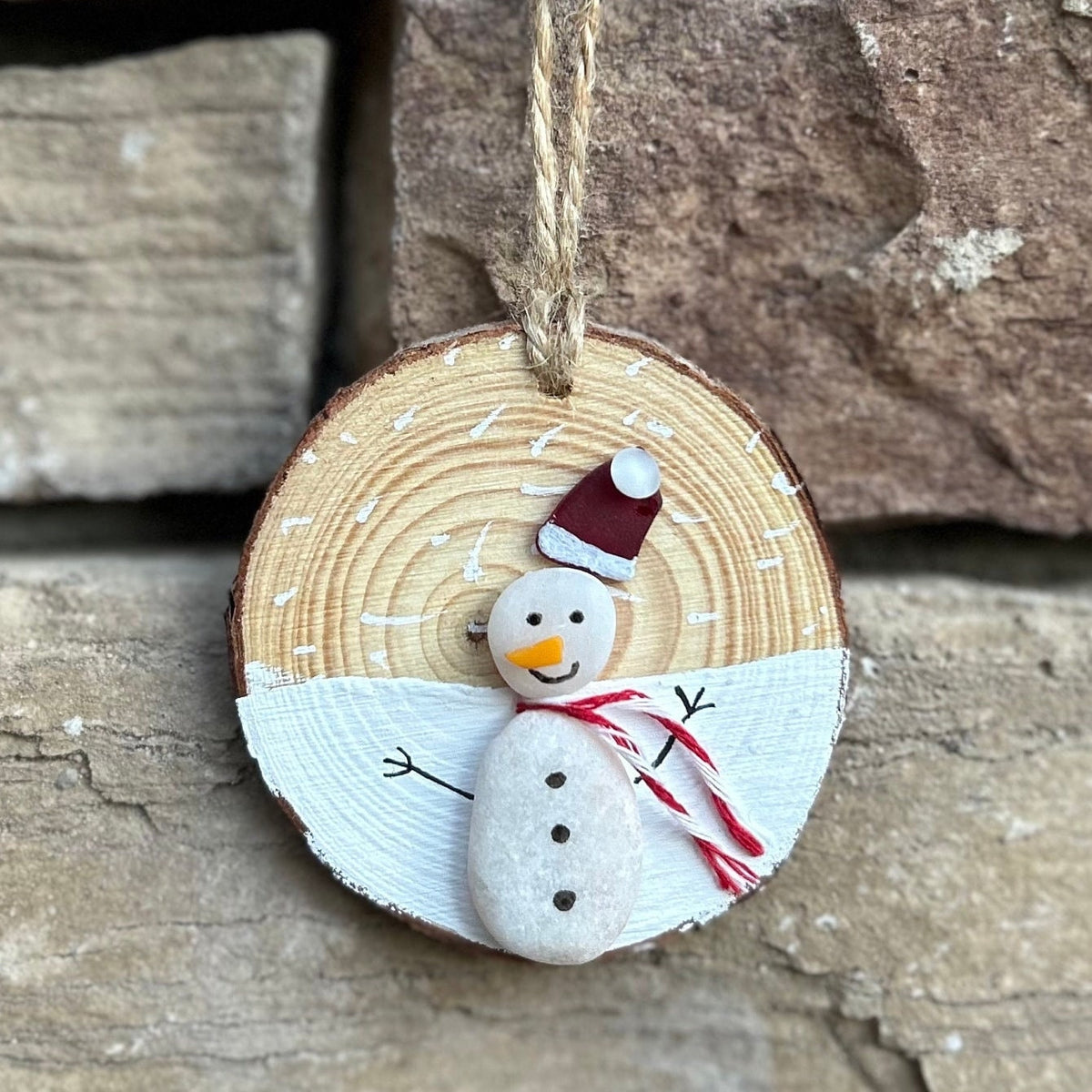 Handmade Snowman Christmas Tree Ornament Made from Beach Pebbles and Scottish Sea Glass, Perfect Holiday Gift, Stocking Stuffer