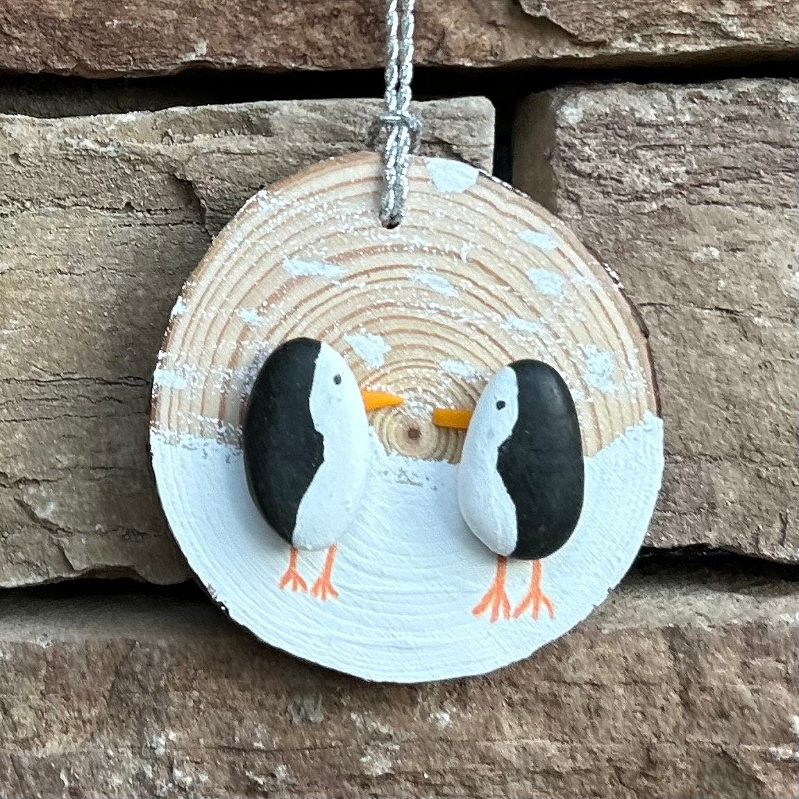 Penguin Ornament, Handmade. Made from Beach Pebbles and Scottish Sea Glass on a Dried Wood Round, Perfect Holiday Gift, Stocking Stuffer