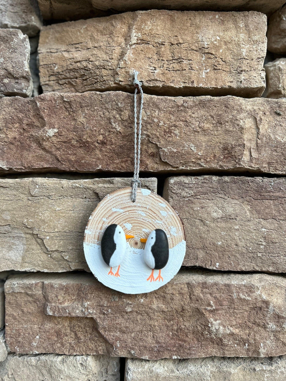Penguin Ornament, Handmade. Made from Beach Pebbles and Scottish Sea Glass on a Dried Wood Round, Perfect Holiday Gift, Stocking Stuffer