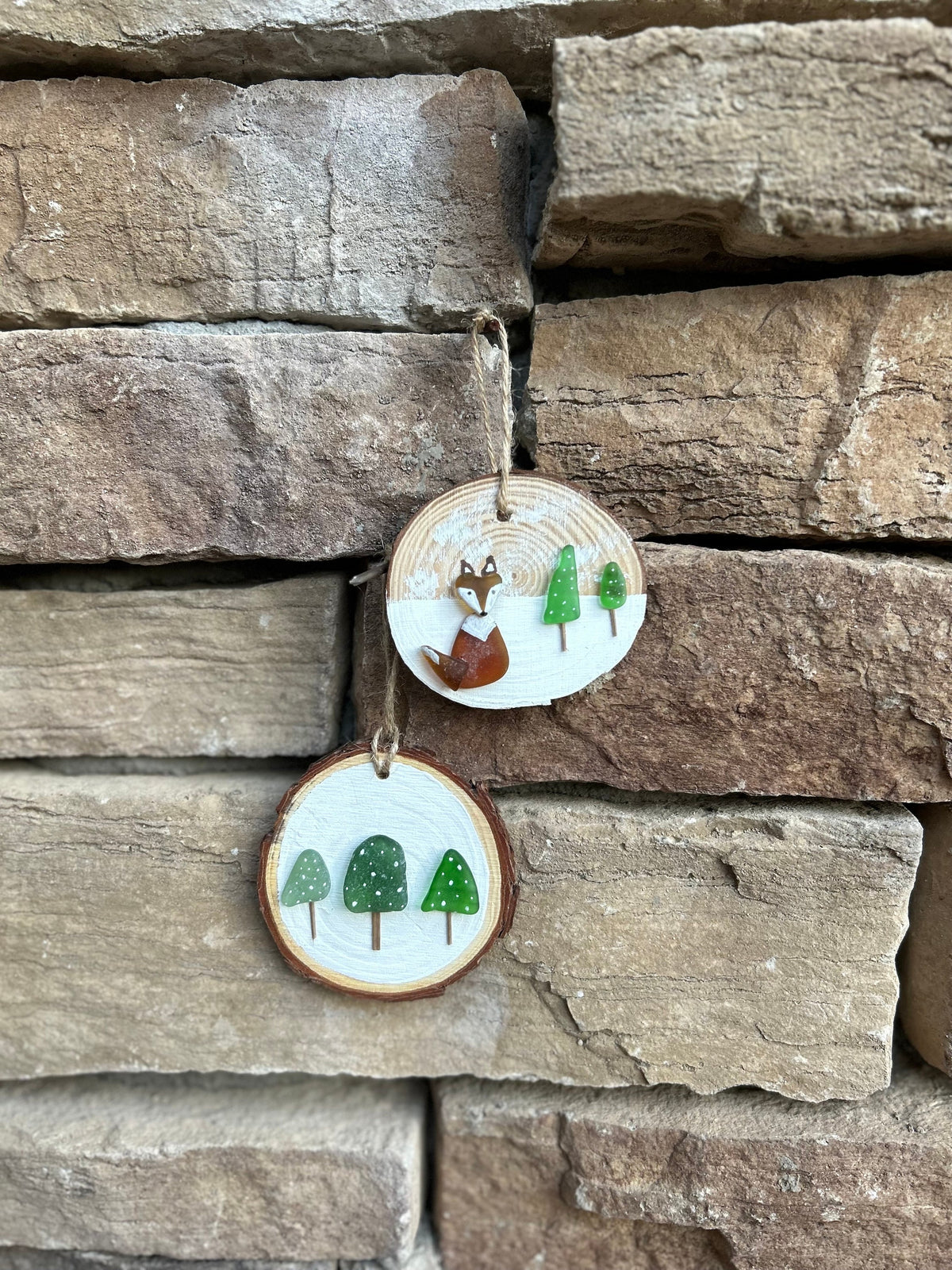 Little Fox in the Snow Christmas Ornament Made from Scottish Sea Glass on a Dried Wood Round, Perfect Holiday Gift, Stocking Stuffer