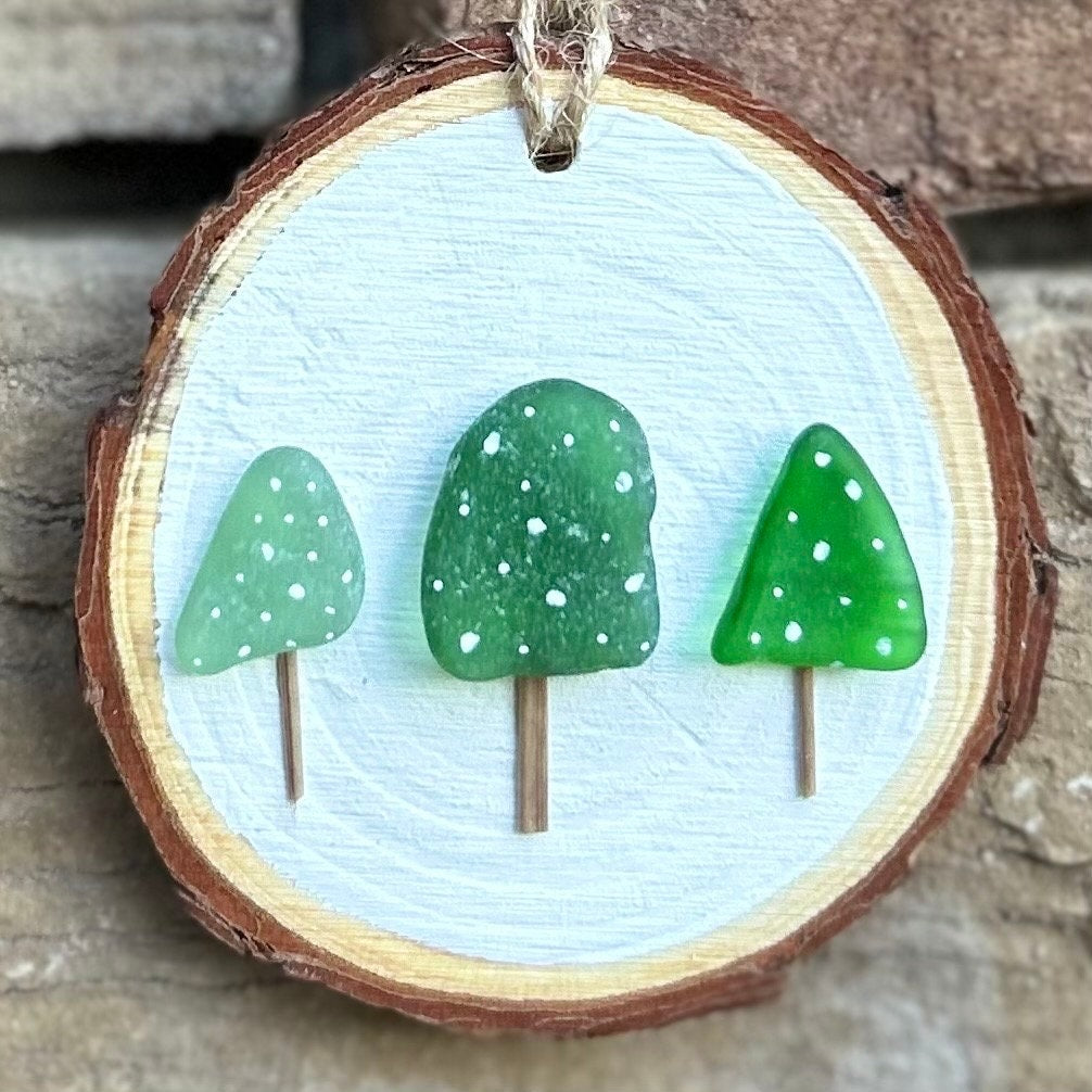 Sea Glass Trees in the Snow Made from Scottish Seaglass and Dried Wood, Perfect Holiday Gift, Stocking Stuffer