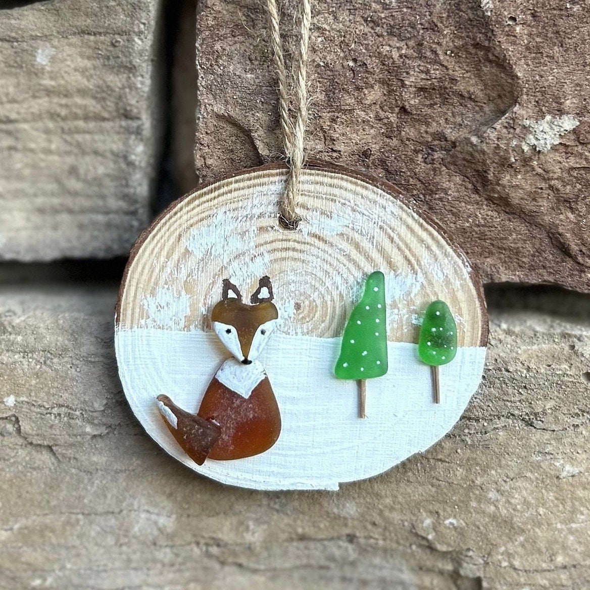Little Fox in the Snow Christmas Ornament Made from Scottish Sea Glass on a Dried Wood Round, Perfect Holiday Gift, Stocking Stuffer