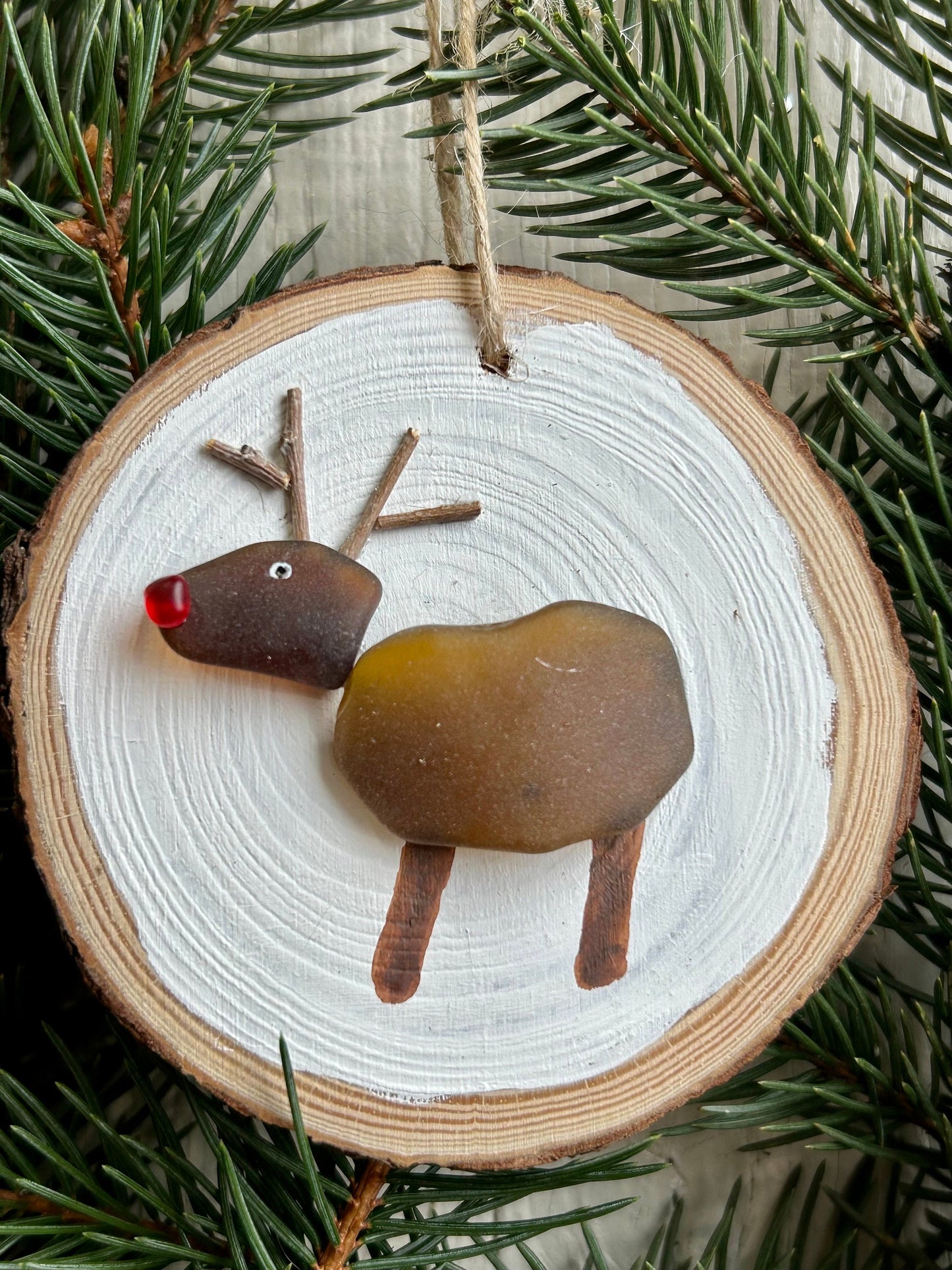 Reindeer Ornament | Christma Ornament | Rudolph Ornament | Perfect Holiday Gift | Stocking Stuffer | 3x3 Sea Glass Ornament On Wood Round