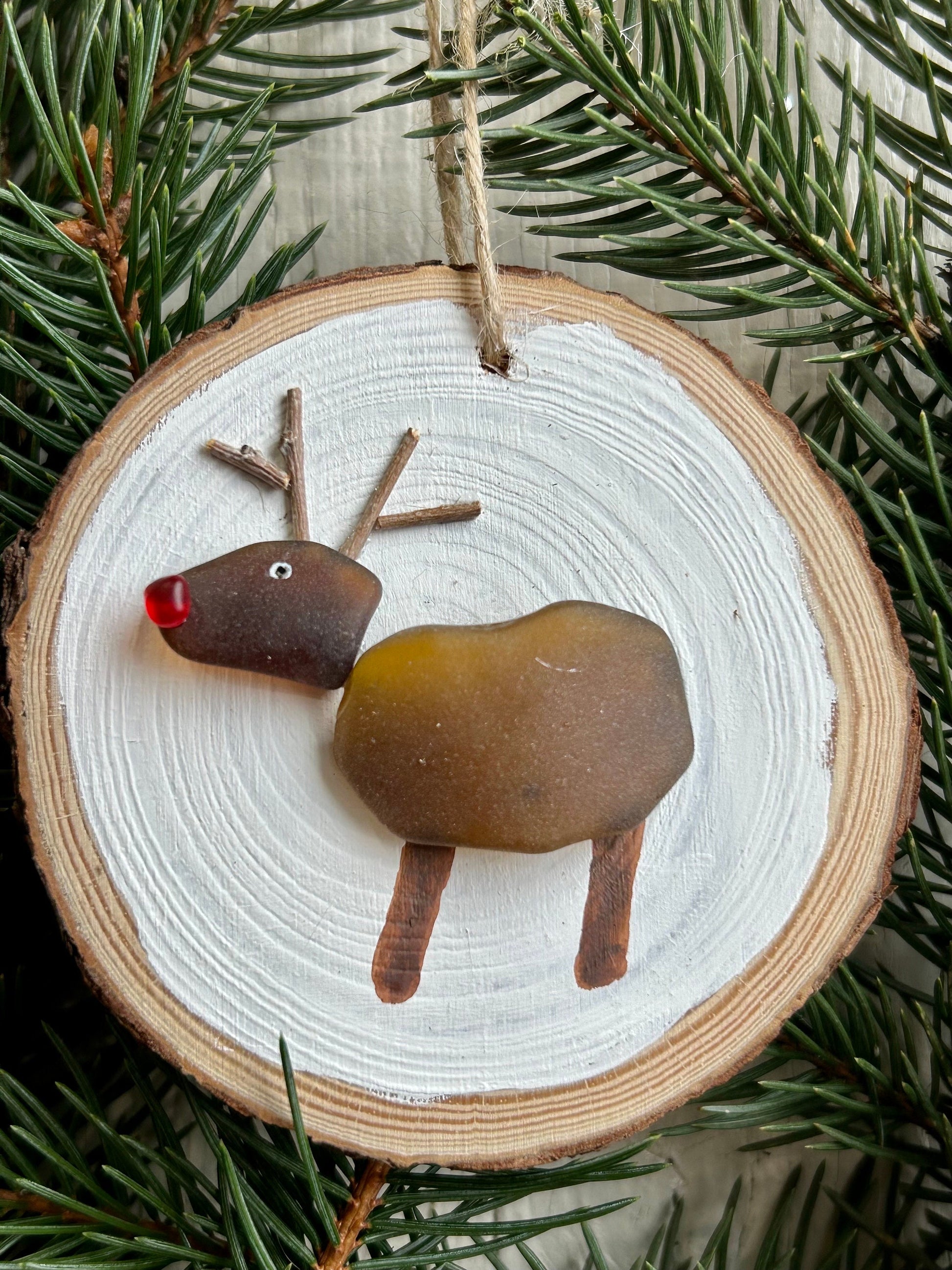Reindeer Ornament | Christma Ornament | Rudolph Ornament | Perfect Holiday Gift | Stocking Stuffer | 3x3 Sea Glass Ornament On Wood Round