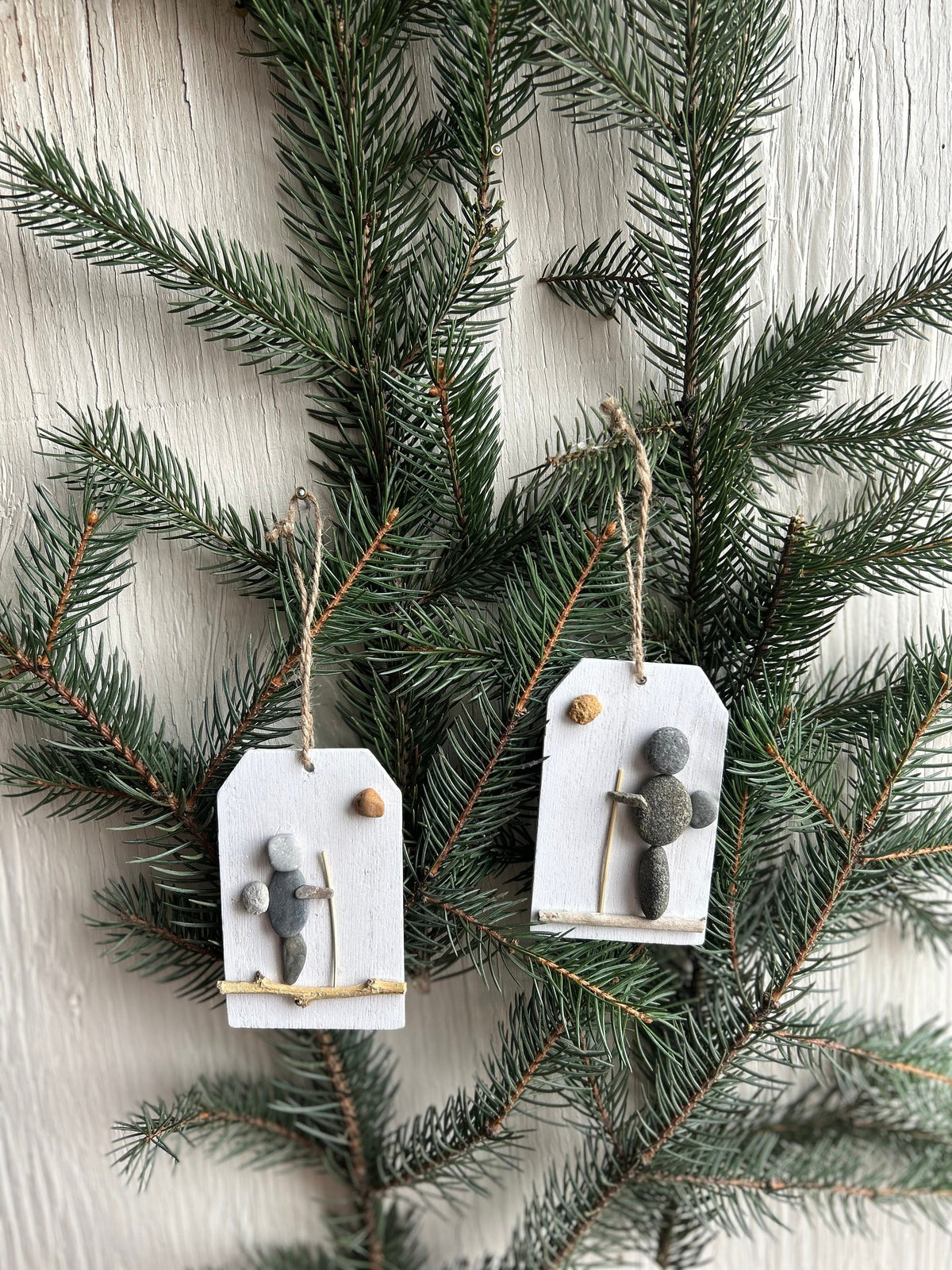 Hiking Pebble Art Christmas Tree Ornament on Dried Wood Round, Perfect Gift for Hiker