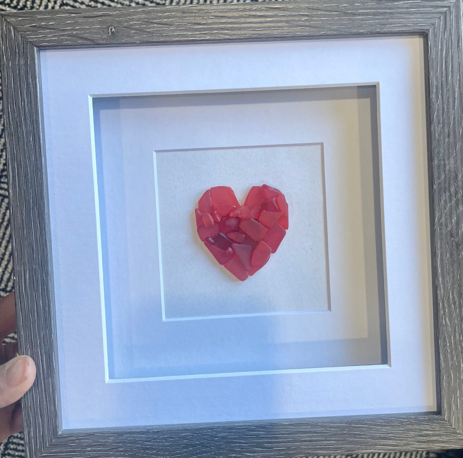 Red Sea Glass Love Heart Gift, 9x9" Framed Original Artwork, Perfect Anniversary, Engagement, Wedding, Holiday Gift