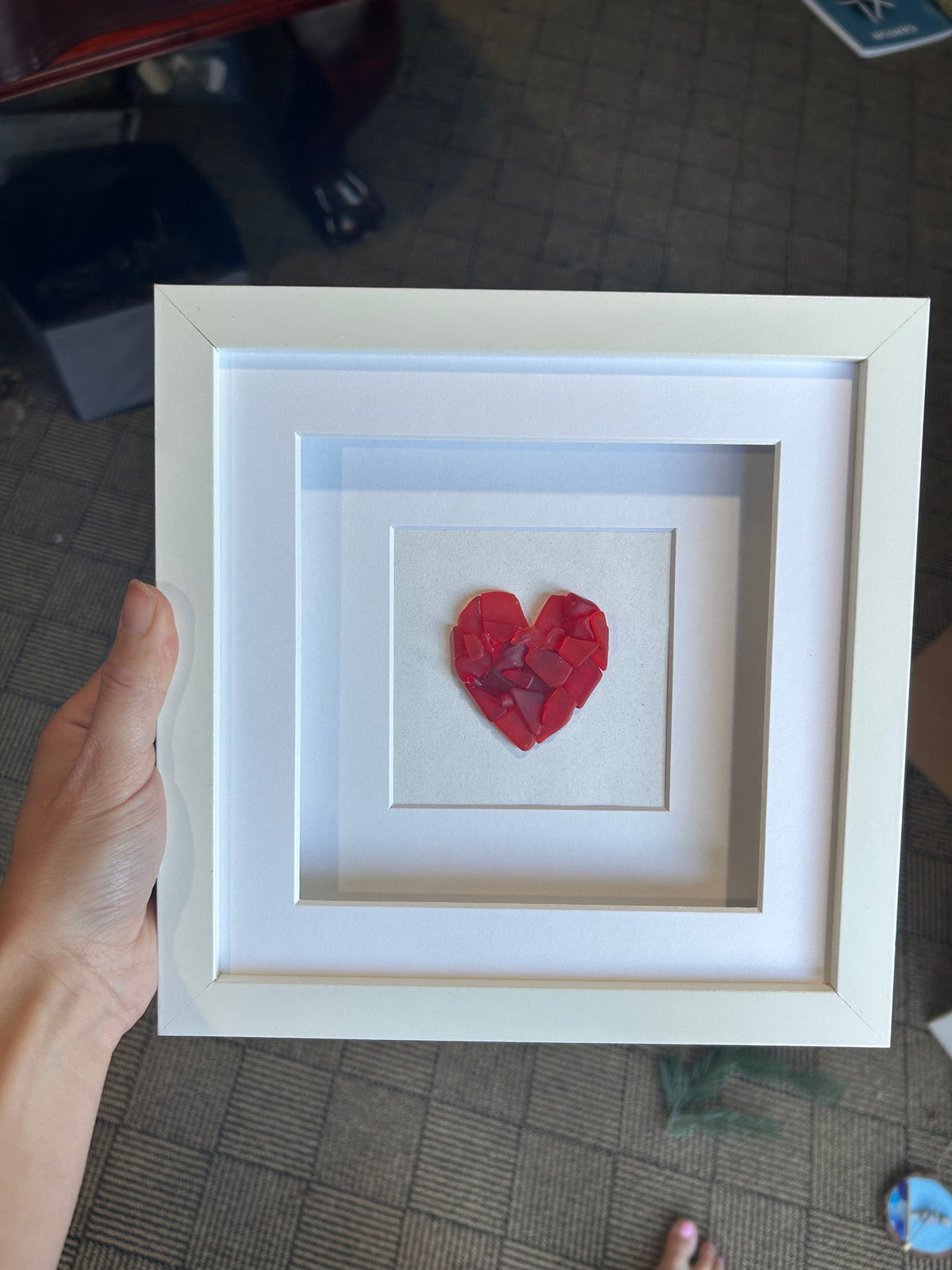 Red Sea Glass Love Heart Gift, 9x9&quot; Framed Original Artwork, Perfect Anniversary, Engagement, Wedding, Holiday Gift