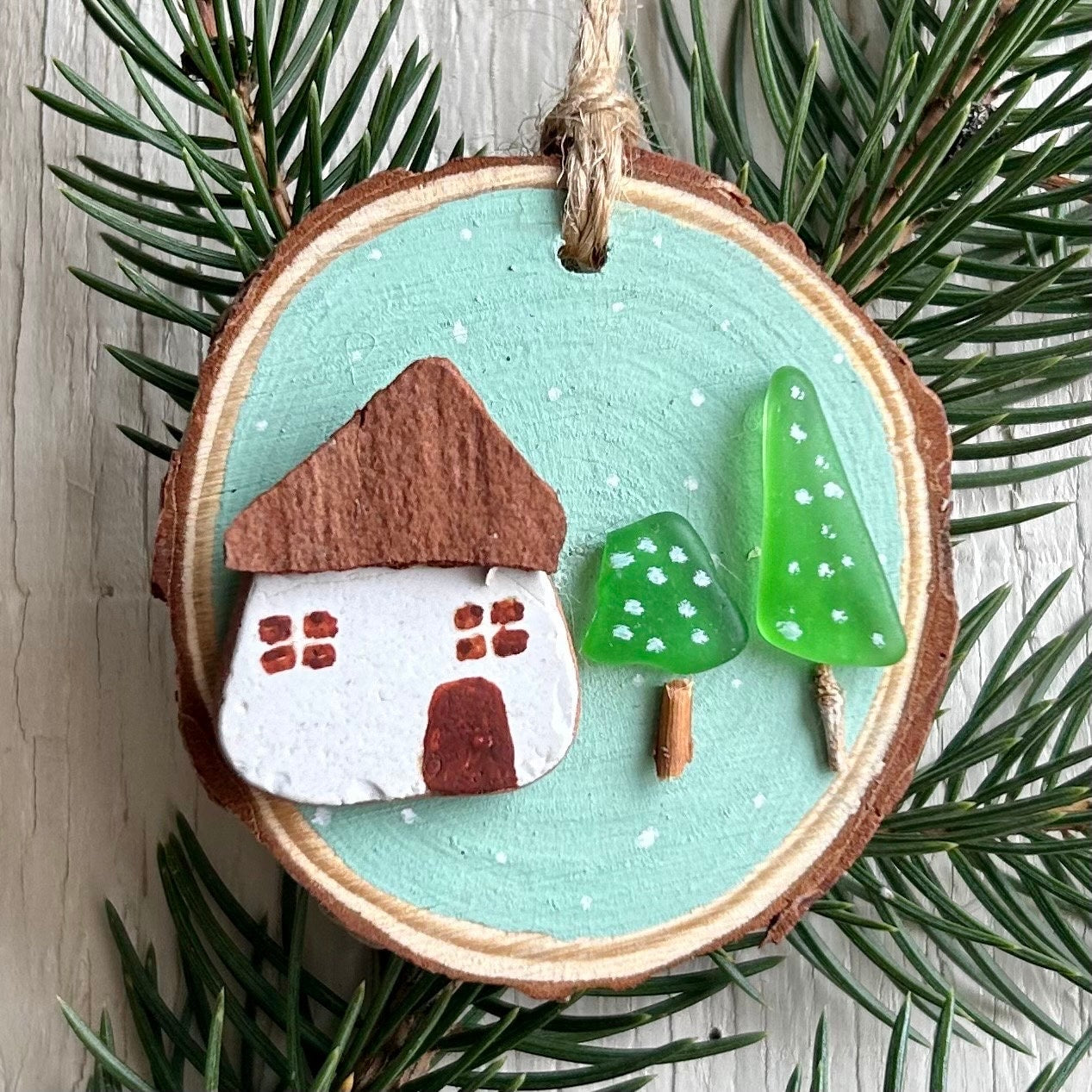 Handmade Christmas Ornament with Sea Pottery House and Sea Glass Trees Displayed on ~3” Dried Wood Round, Perfect Gift, Stocking Stuffer