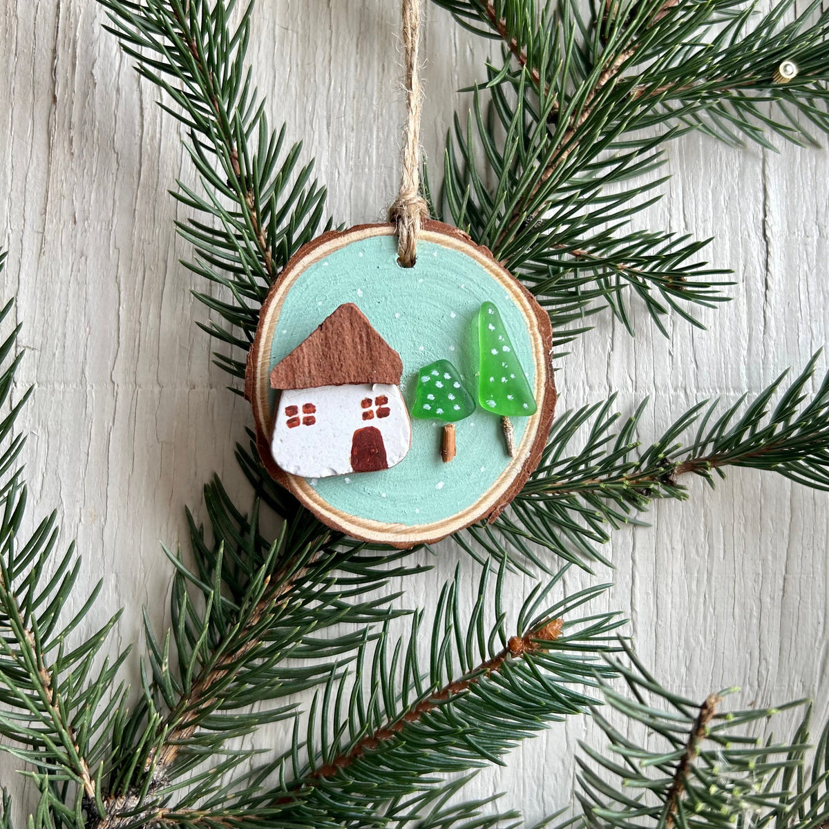 Handmade Christmas Ornament with Sea Pottery House and Sea Glass Trees Displayed on ~3” Dried Wood Round, Perfect Gift, Stocking Stuffer